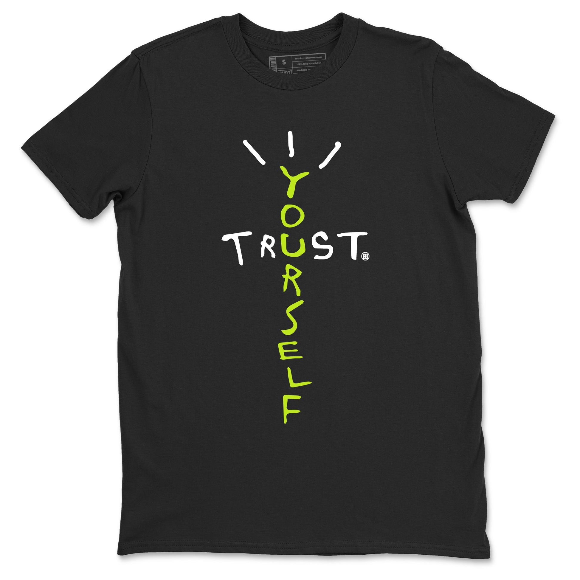 Foams One Black Volt best t shirts to wear with jordans Trust Yourself sneaker match tees Air Foamposite One Black Volt match shoes to clothes SNRT Sneaker Tees unisex cotton Black 2 shirts