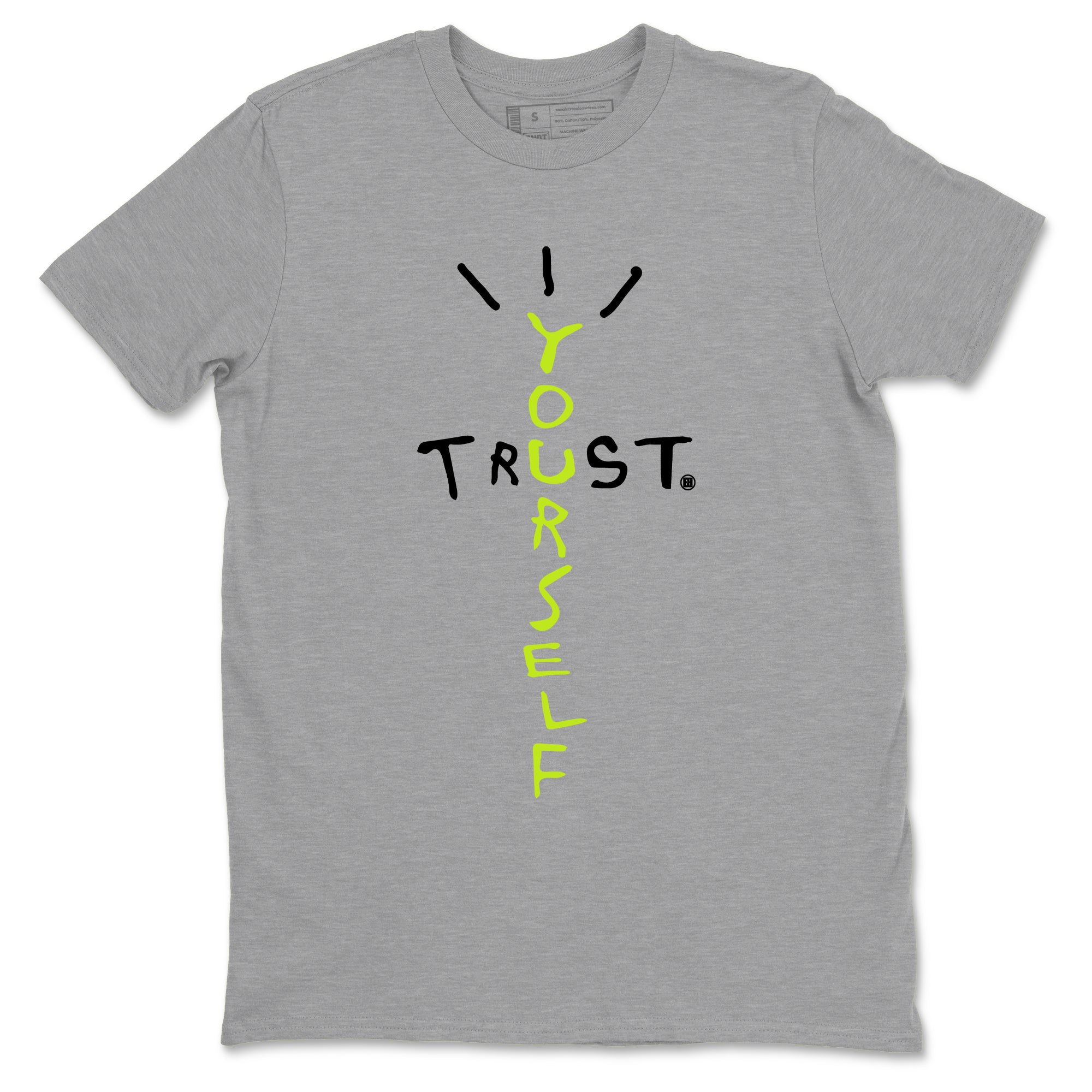 Foams One Black Volt best t shirts to wear with jordans Trust Yourself sneaker match tees Air Foamposite One Black Volt match shoes to clothes SNRT Sneaker Tees unisex cotton Heather Grey 2 shirts