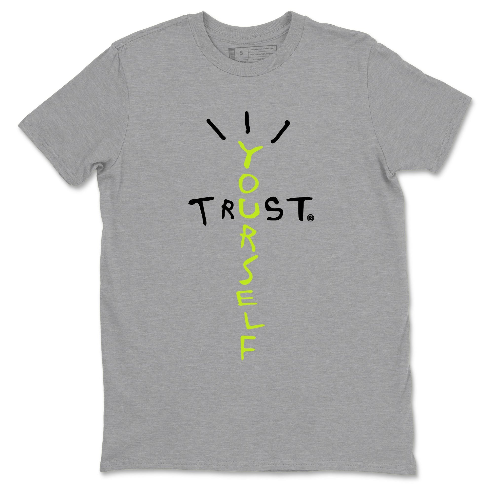 Foams One Black Volt best t shirts to wear with jordans Trust Yourself sneaker match tees Air Foamposite One Black Volt match shoes to clothes SNRT Sneaker Tees unisex cotton Heather Grey 2 shirts