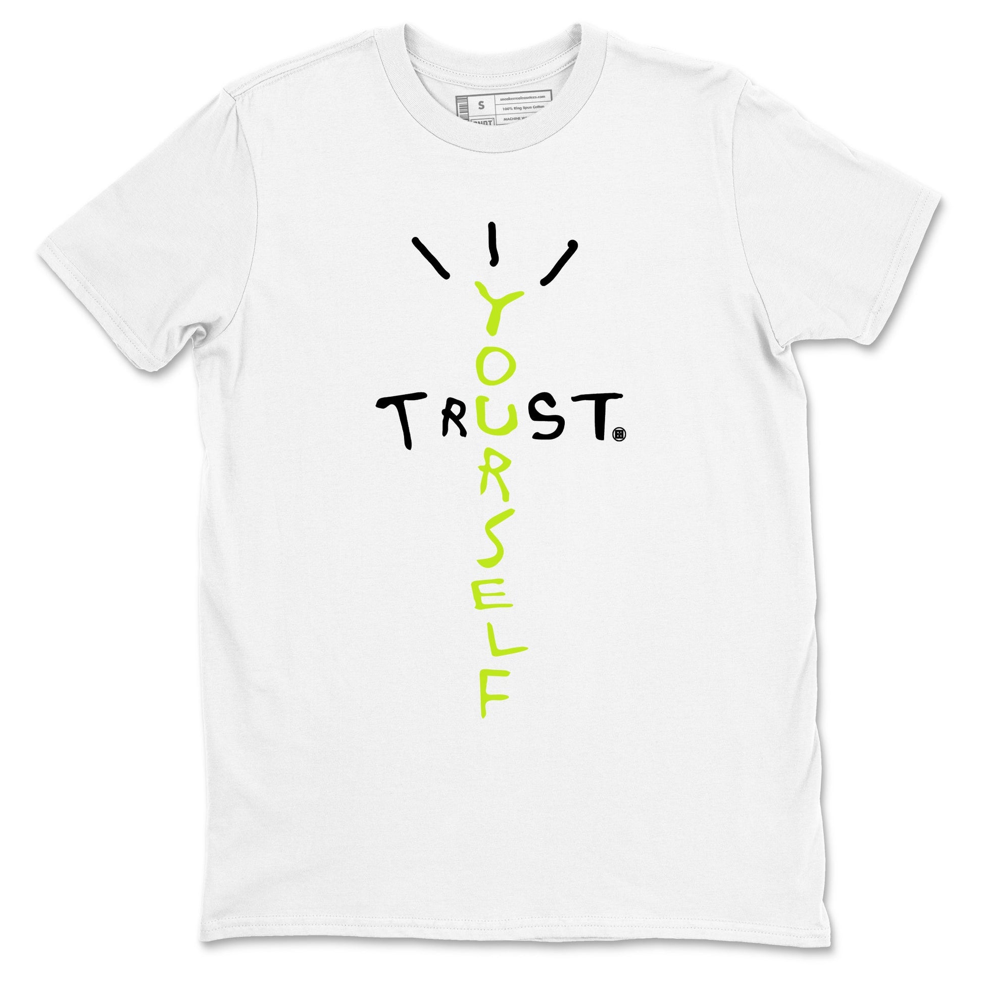 Foams One Black Volt best t shirts to wear with jordans Trust Yourself sneaker match tees Air Foamposite One Black Volt match shoes to clothes SNRT Sneaker Tees unisex cotton White 2 shirts