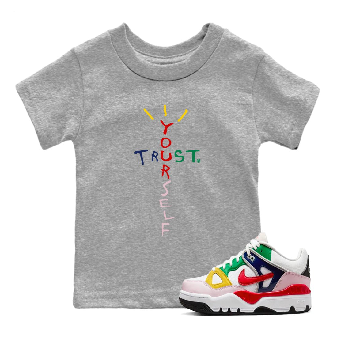 AF 3 Nigo shirtsto match jordans Trust Yourself sneaker match tees Air Force 3 Low x Nigo Blue Void and Tour Yellow match shoes to clothes SNRT Sneaker Tees Youth Baby Heather Grey 1 tee