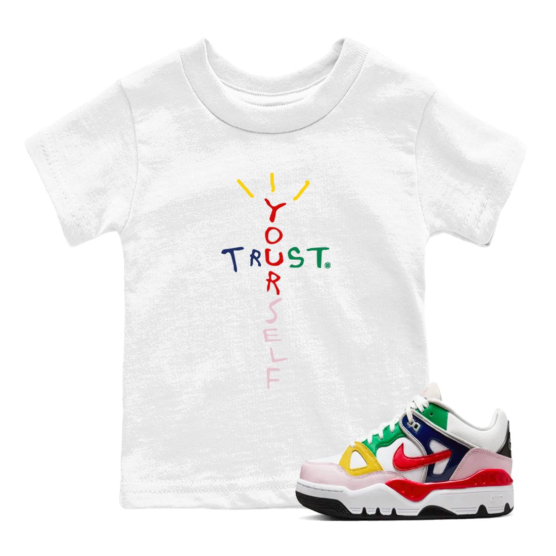 AF 3 Nigo shirtsto match jordans Trust Yourself sneaker match tees Air Force 3 Low x Nigo Blue Void and Tour Yellow match shoes to clothes SNRT Sneaker Tees Youth Baby White 1 tee