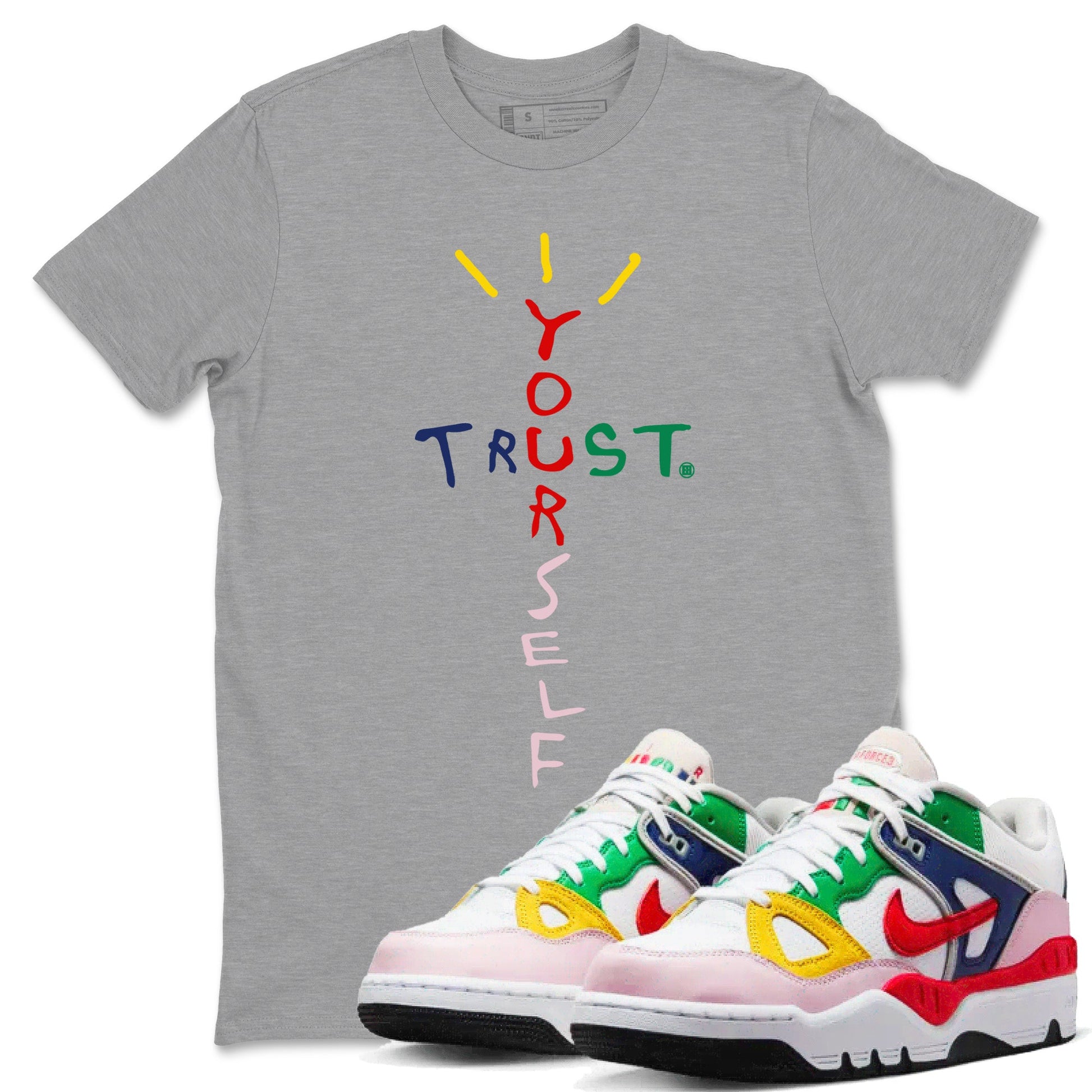 AF 3 Nigo shirtsto match jordans Trust Yourself sneaker match tees Air Force 3 Low x Nigo Blue Void and Tour Yellow match shoes to clothes SNRT Sneaker Tees unisex cotton Heather Grey 1 shirts