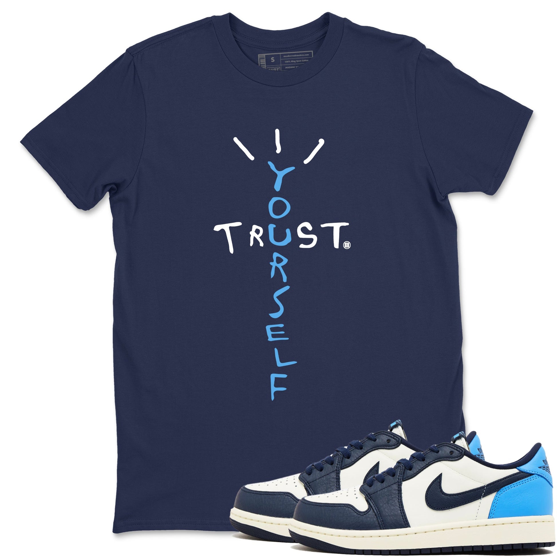 1s Obsidian shirts to match jordans Trust Yourself shirts to match Jordans AJ1 Retro Low OG Obsidian match shoes to clothes SNRT Sneaker Tees unisex cotton Navy 1 shirts