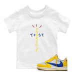 1s Travis Scott Canary shirt to match jordans Trust Yourself sneaker tees Air Jordan 1 Travis Scott Canary SNRT sneaker release tees baby toddler White 1 cotton Shirt