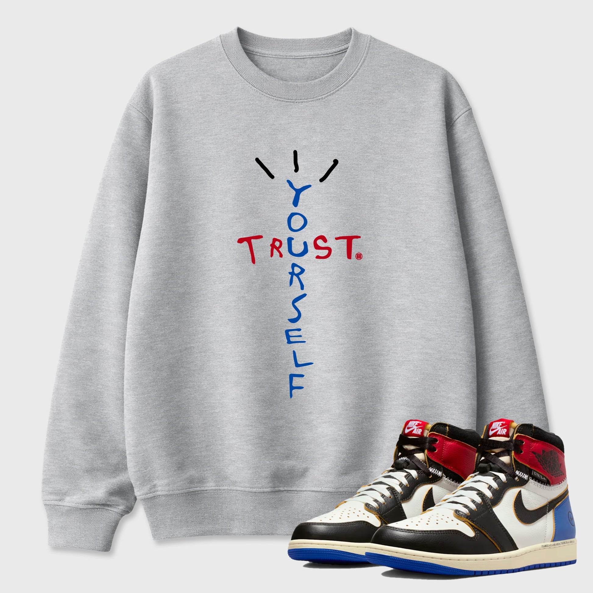 Sneaker match tees – Sneaker Tees To Match Air Jordan 1 Union x Fragment Shoes – Trust Yourself Tee Heather Grey 1