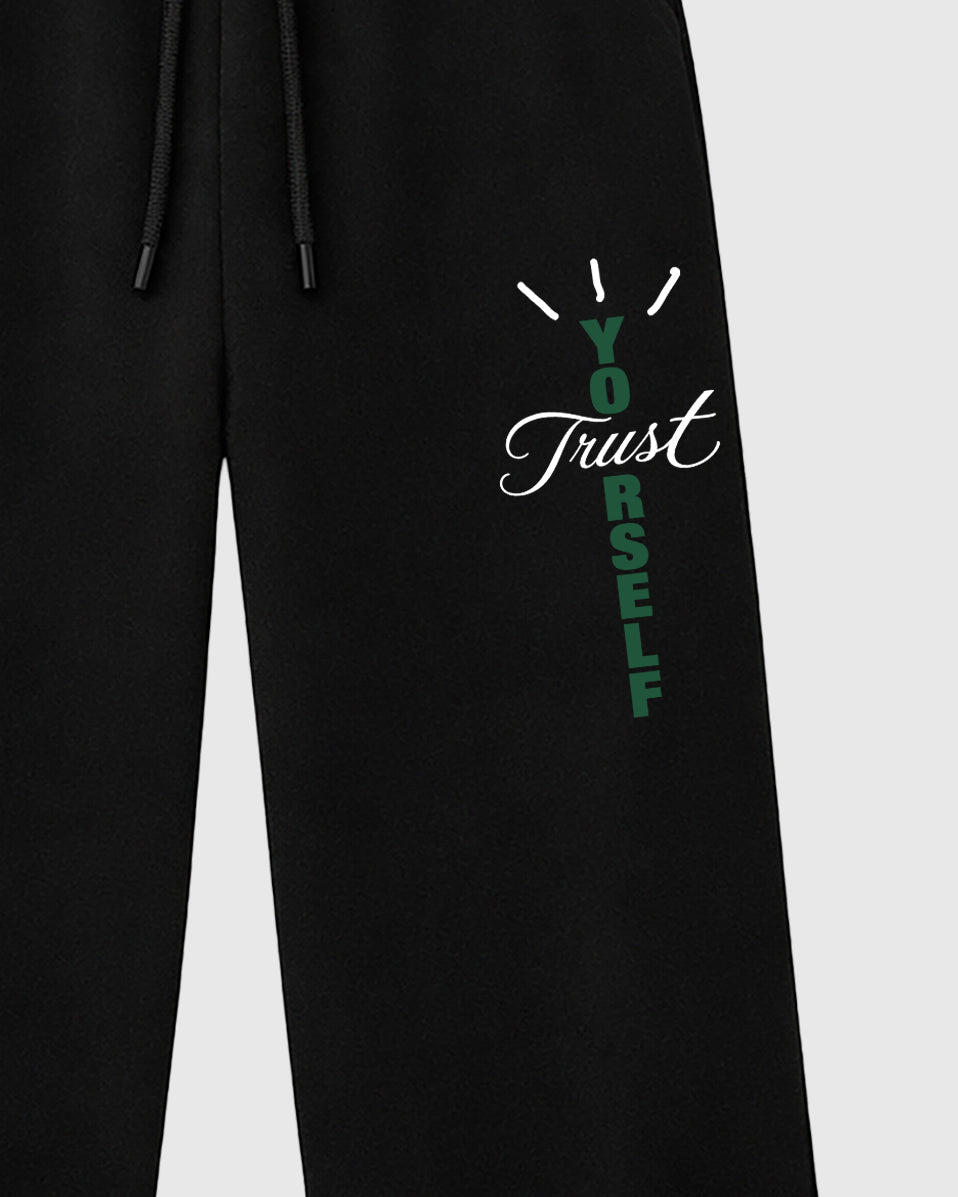 Trust Yourself graphic wide cut sweatpants designed to match the Air Jordan 12 Retro Bucks, featuring coordinated Black 2 options for a perfect streetwear vibe.