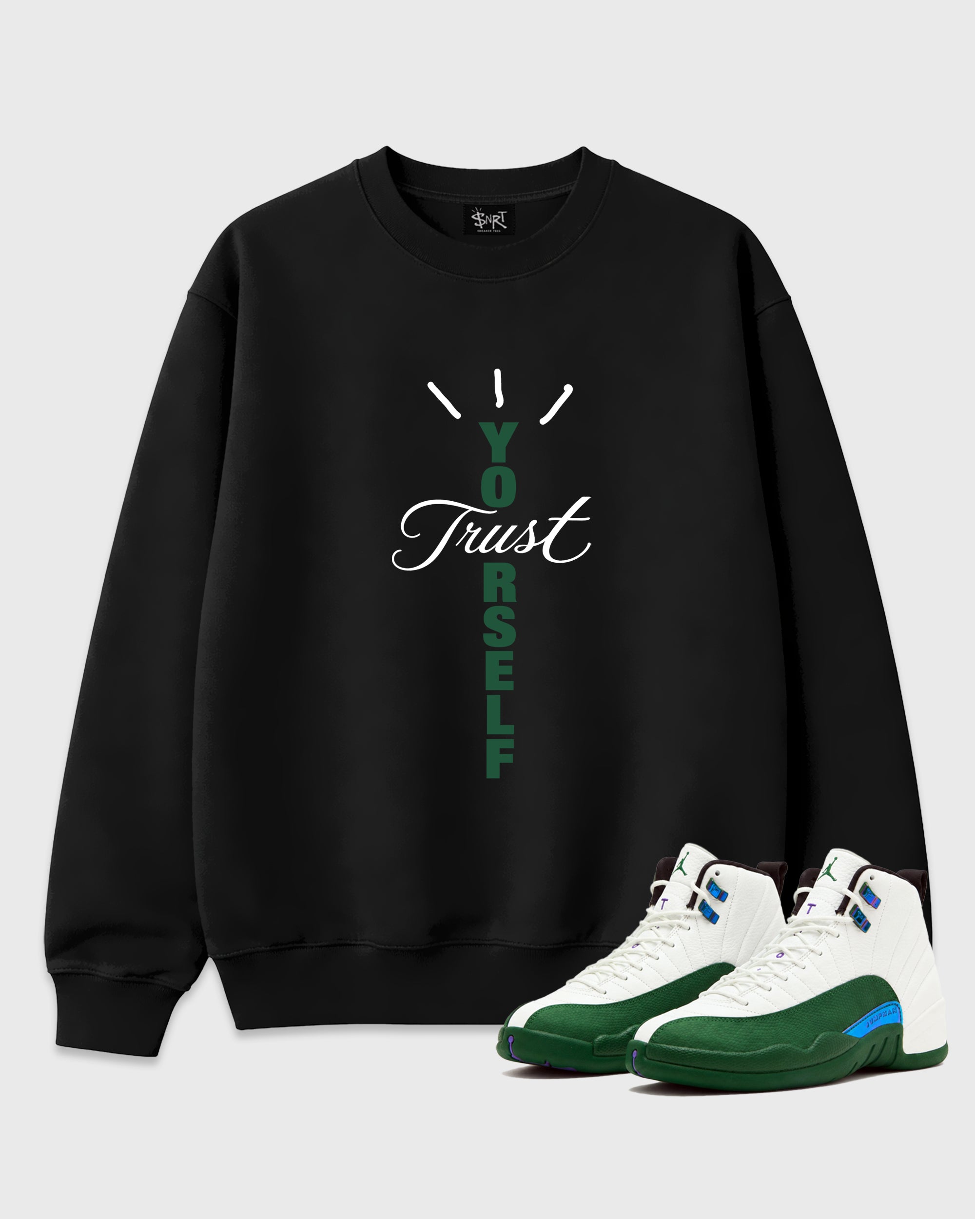 Trust Yourself Graphic T-Shirt featuring original streetwear artwork designed to match the Air Jordan 12 Retro Bucks. Black 1 Graphic Tee.
