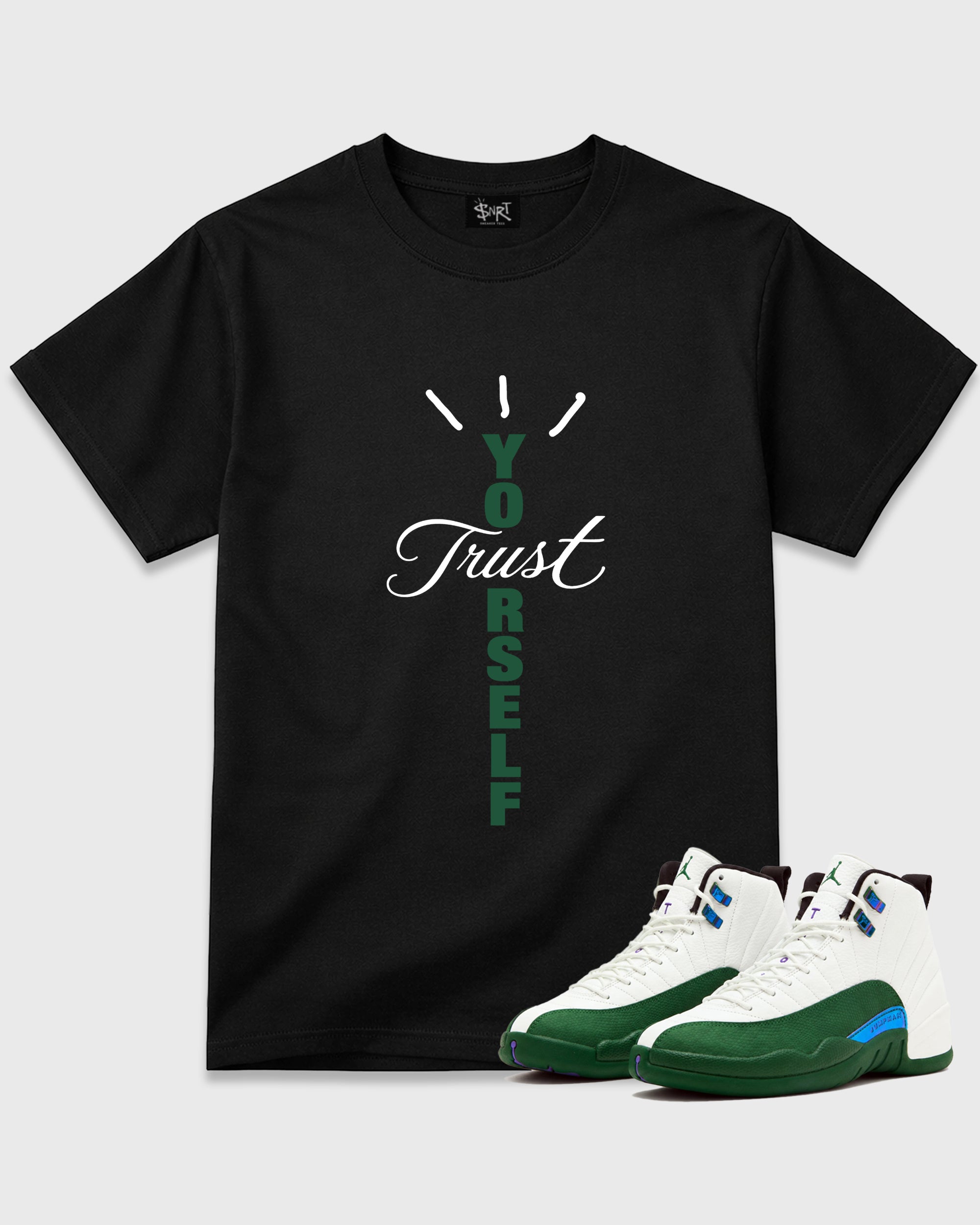 Trust Yourself Graphic T-Shirt featuring original streetwear artwork designed to match the Air Jordan 12 Retro Bucks. Black 1 Graphic T-Shirt.