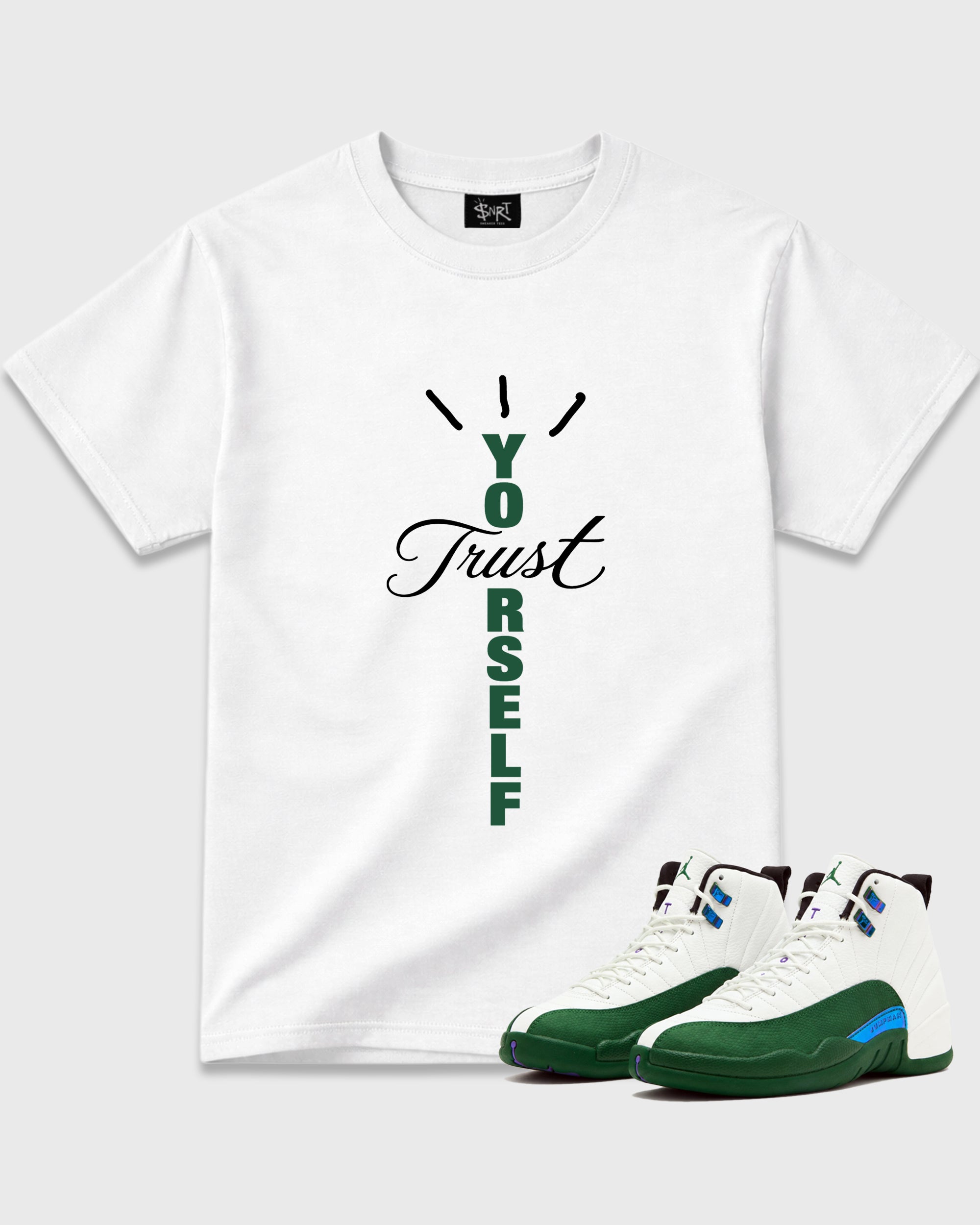 Trust Yourself Graphic T-Shirt featuring original streetwear artwork designed to match the Air Jordan 12 Retro Bucks. White 1 Graphic T-Shirt.