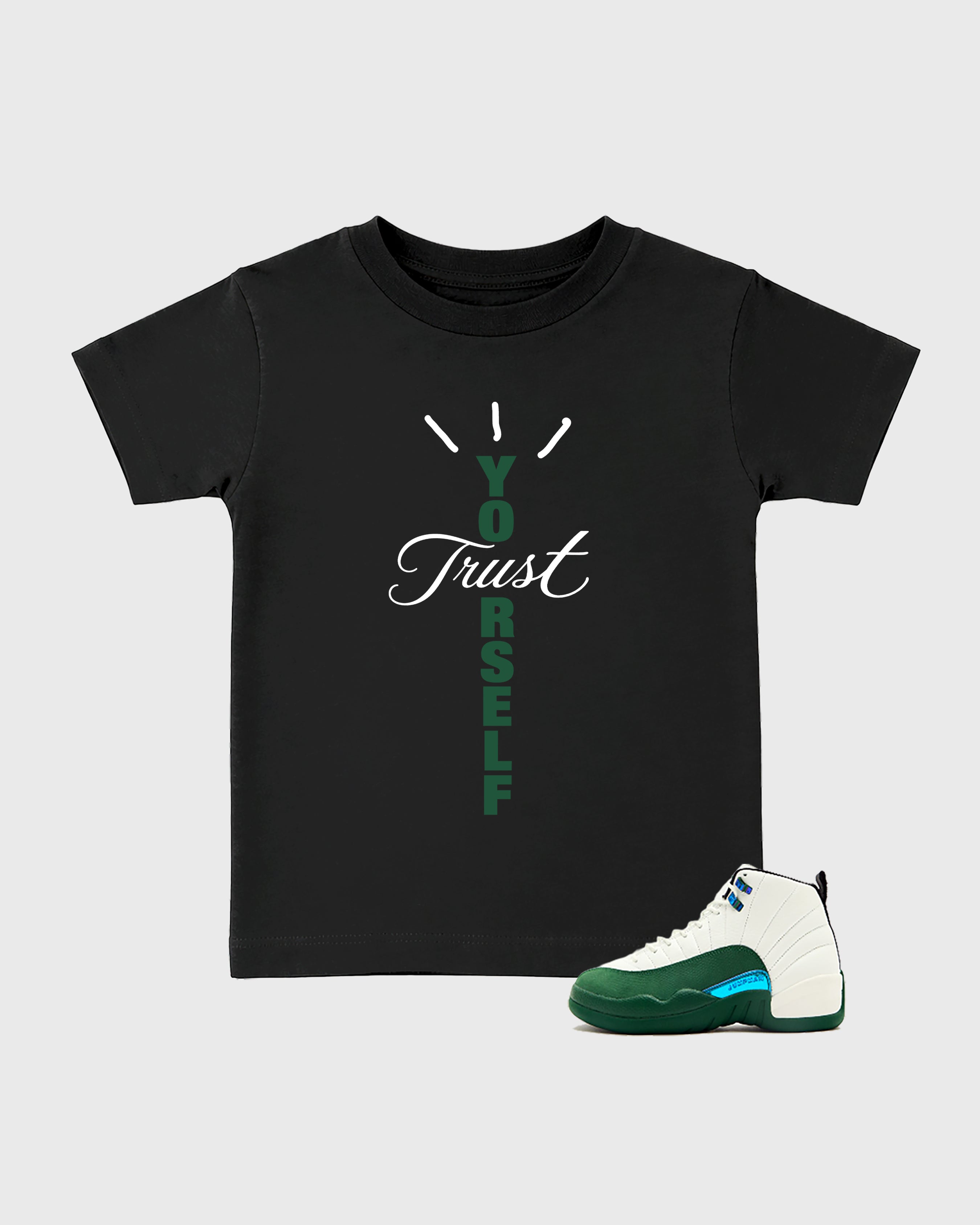 Trust Yourself Baby & Kids Graphic T-Shirt featuring original artwork designed to match the Air Jordan 12 Retro Bucks. Black 1 Kids Graphic Tee.