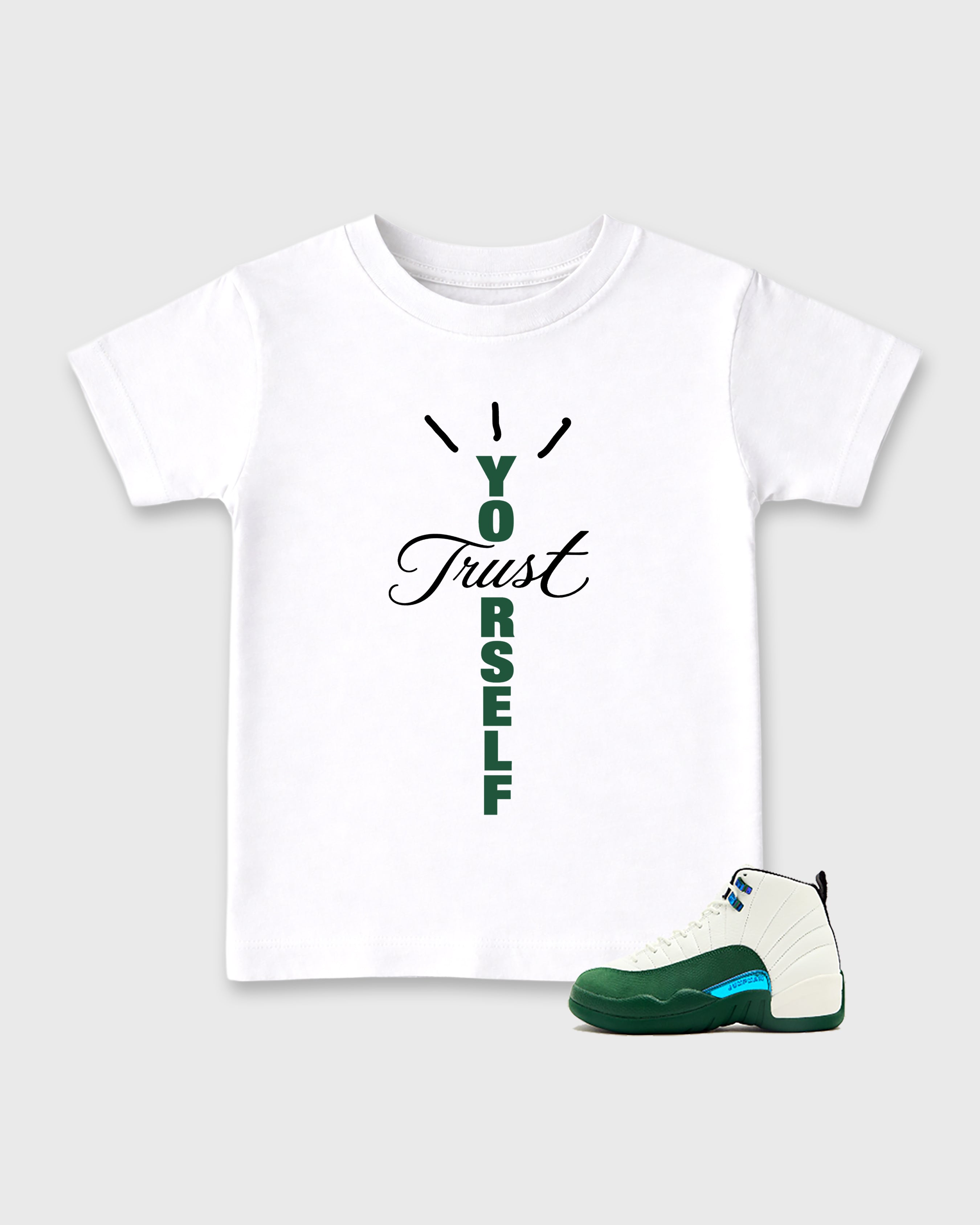 Trust Yourself Baby & Kids Graphic T-Shirt featuring original artwork designed to match the Air Jordan 12 Retro Bucks. White 1 Kids Graphic Tee.