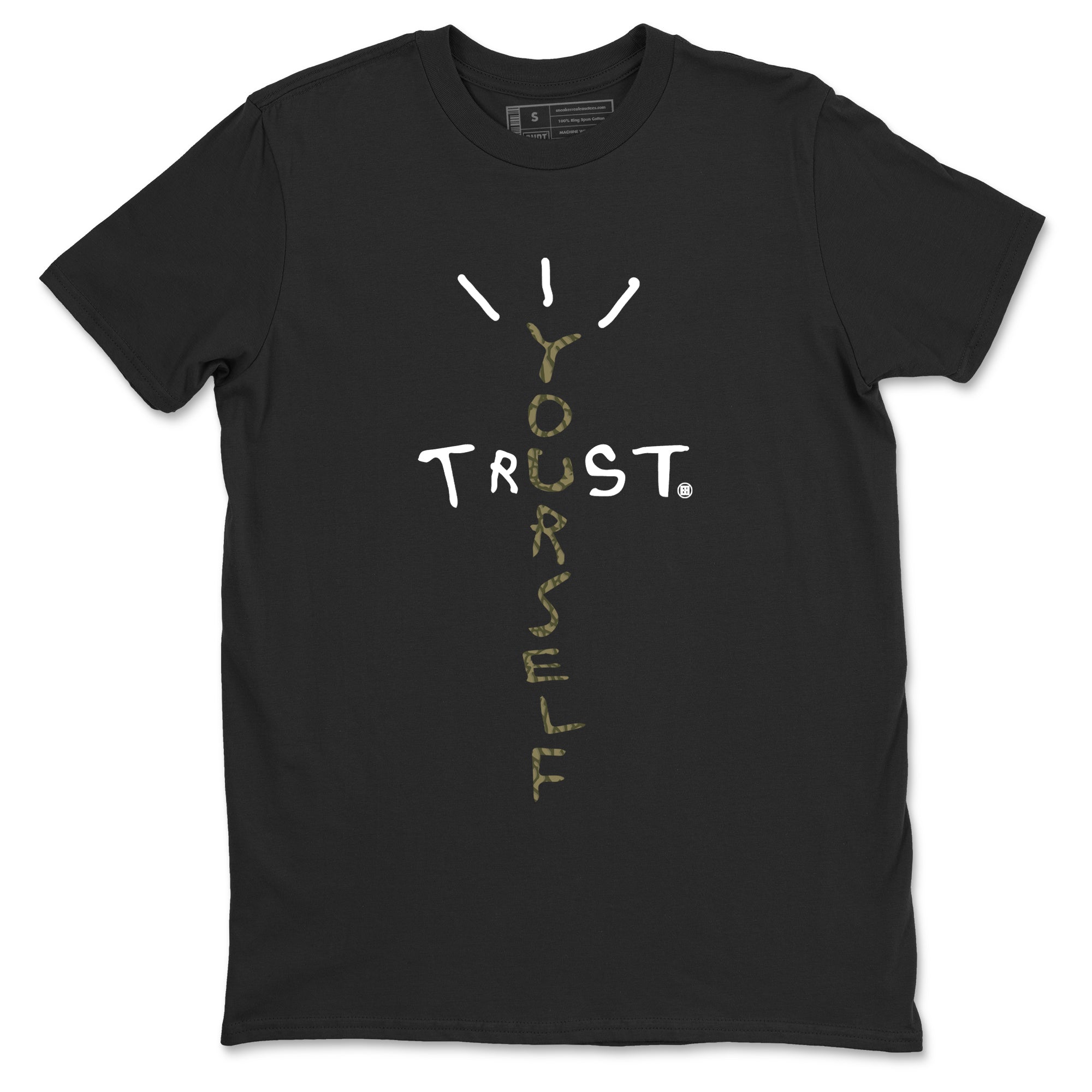 Sneaker Threads – Sneaker Tees To Match Air Jordan 3 Medium Olive – Trust Yourself Graphic Tee Black 2. Perfect for Jordan releases 2025 colorways.