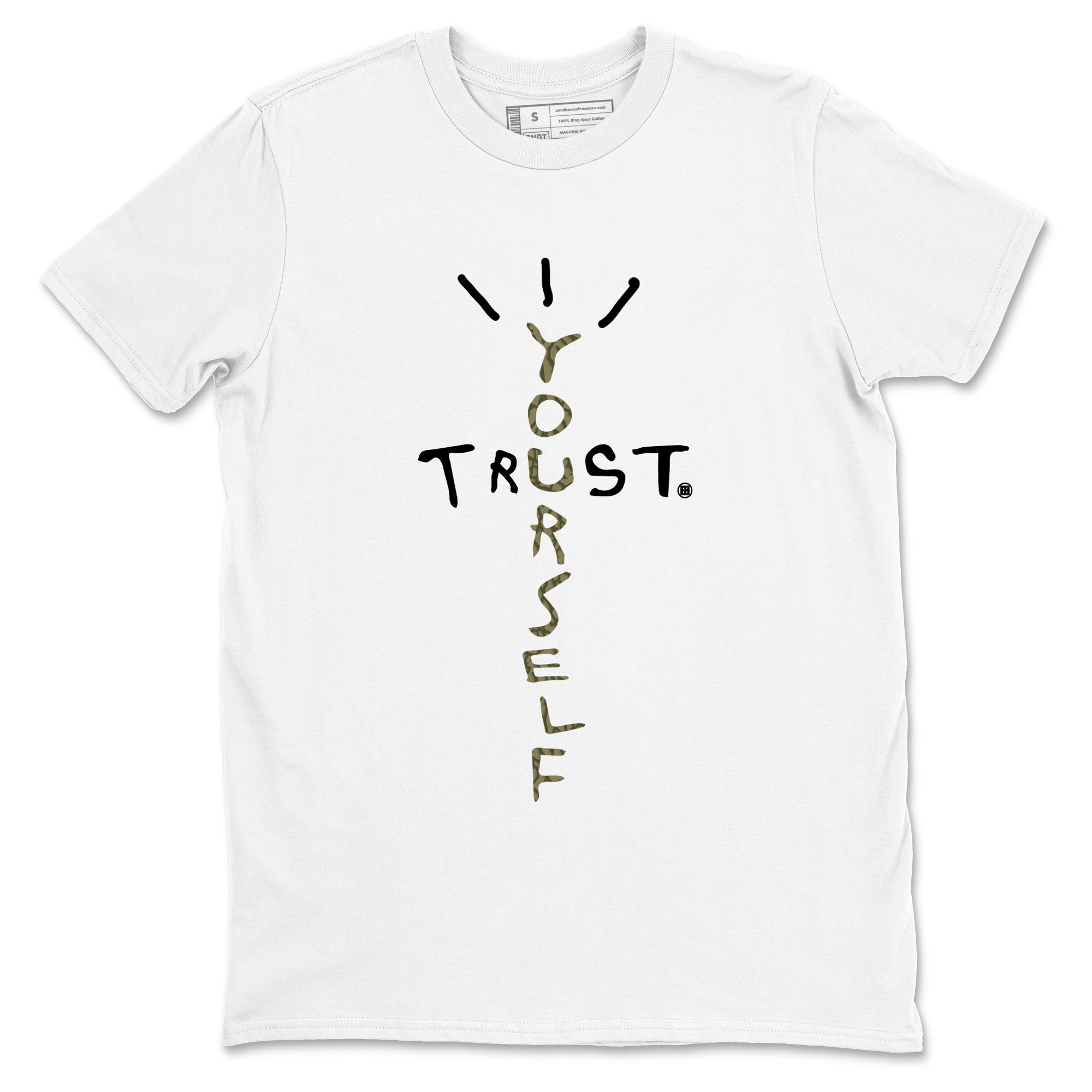Sneaker Threads – Sneaker Tees To Match Air Jordan 3 Medium Olive – Trust Yourself Graphic Tee White 2. Perfect for Jordan releases 2025 colorways.
