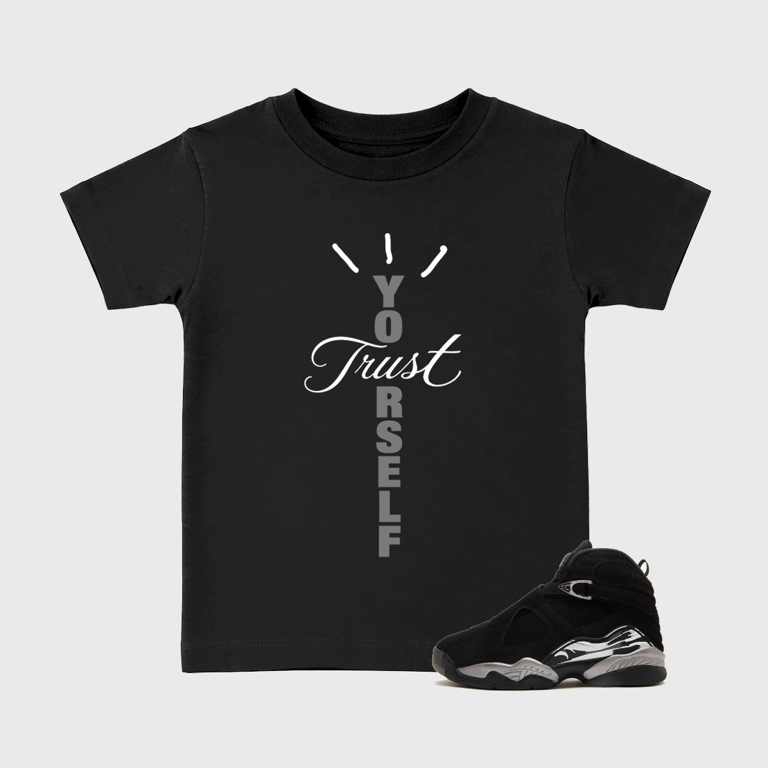 Trust Yourself Baby & Kids Graphic T-Shirt featuring original artwork designed to match the Air Jordan 8 Chrome. Black 1 Kids Graphic Tee.