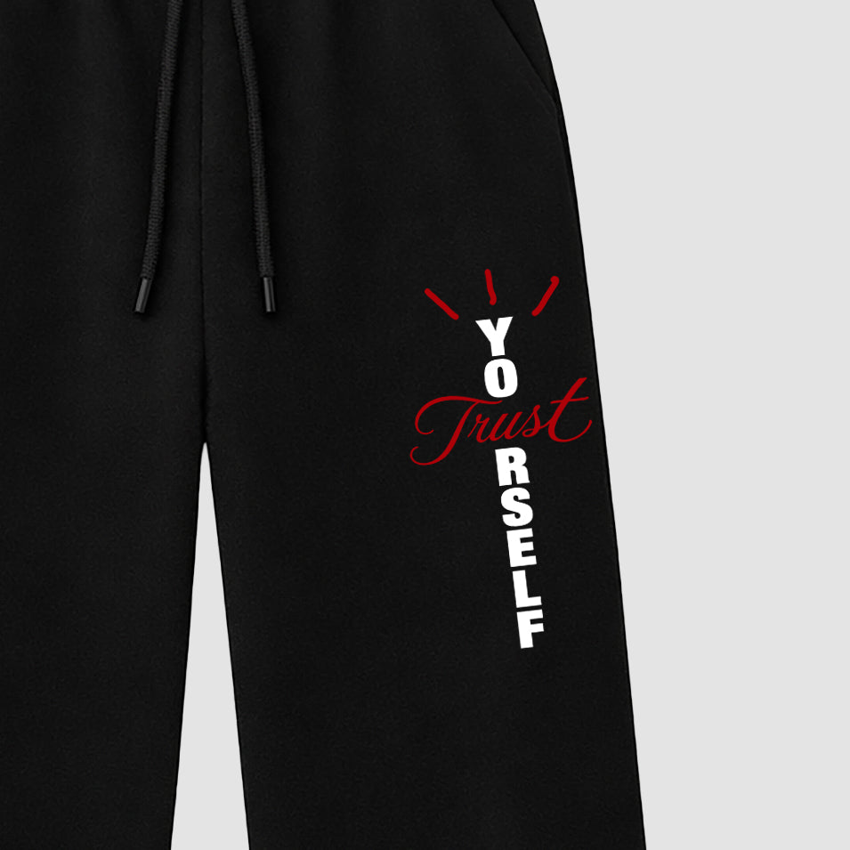 Trust Yourself graphic wide cut sweatpants designed to match the Air Jordan 9 True Red, featuring coordinated Black 2 options for a perfect streetwear vibe.