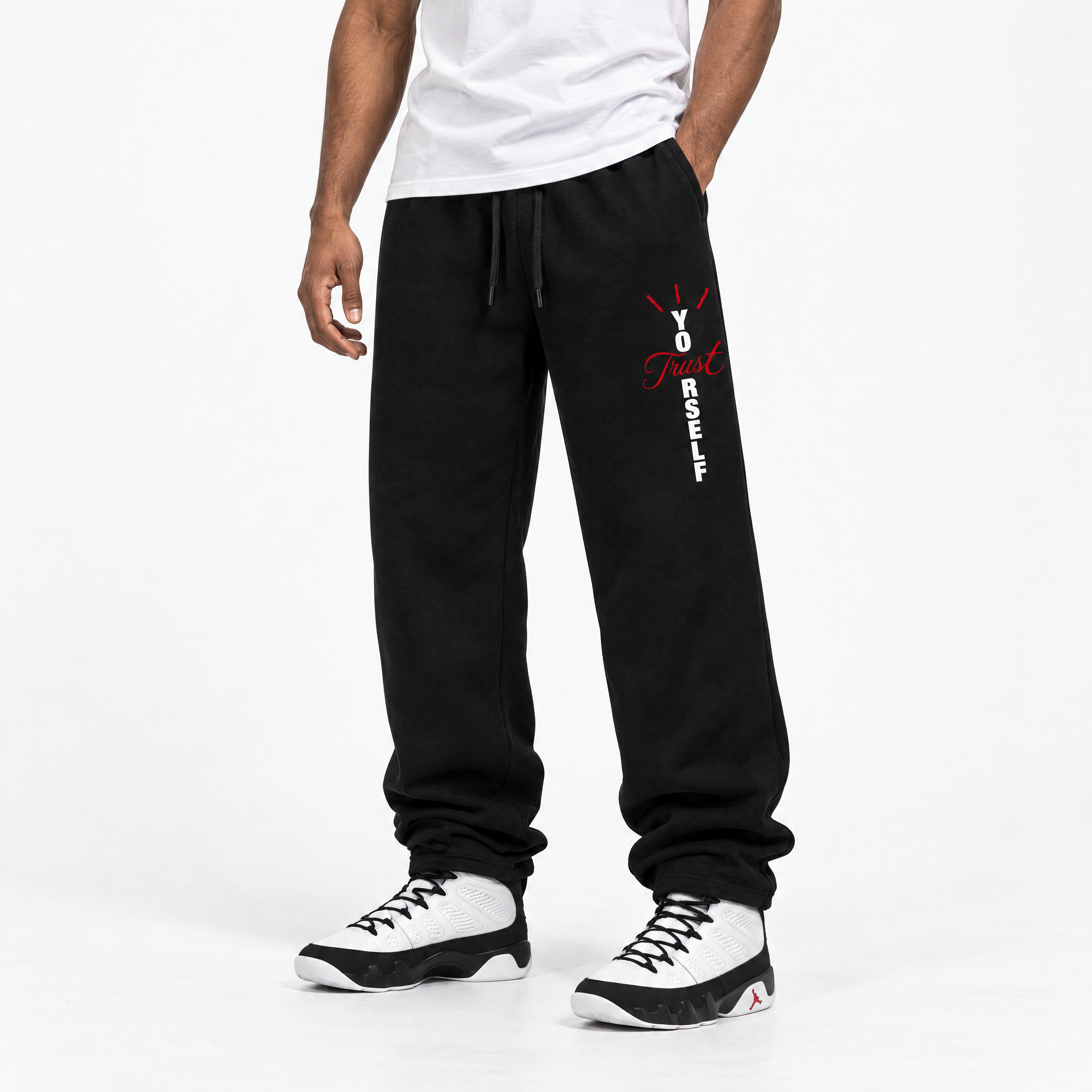 Trust Yourself graphic wide cut sweatpants designed to match the Air Jordan 9 True Red, featuring coordinated Black 1 options for a perfect streetwear vibe.