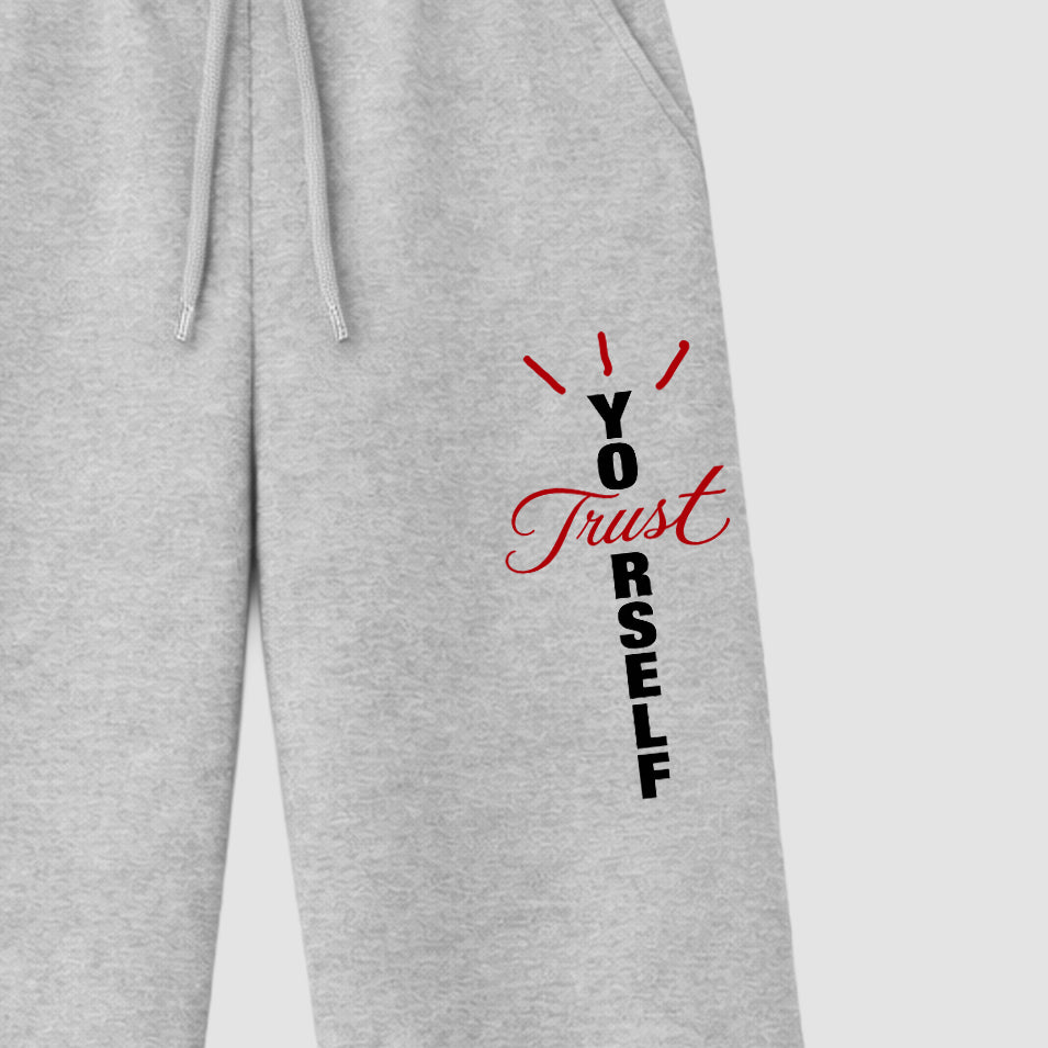 Trust Yourself graphic wide cut sweatpants designed to match the Air Jordan 9 True Red, featuring coordinated Heather Grey 2 options for a perfect streetwear vibe.