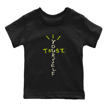 Trust Yourself baby and kids t-shirt crafted for little sneakerheads to shine with the Jordan Jumpman Jack Travis Scott Bright Cactus sneakers, displayed in Black 2.
