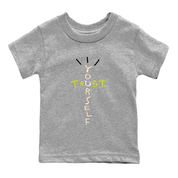 Trust Yourself baby and kids t-shirt crafted for little sneakerheads to shine with the Jordan Jumpman Jack Travis Scott Bright Cactus sneakers, displayed in Heather Grey 2.