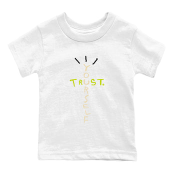 Trust Yourself baby and kids t-shirt crafted for little sneakerheads to shine with the Jordan Jumpman Jack Travis Scott Bright Cactus sneakers, displayed in White 2.