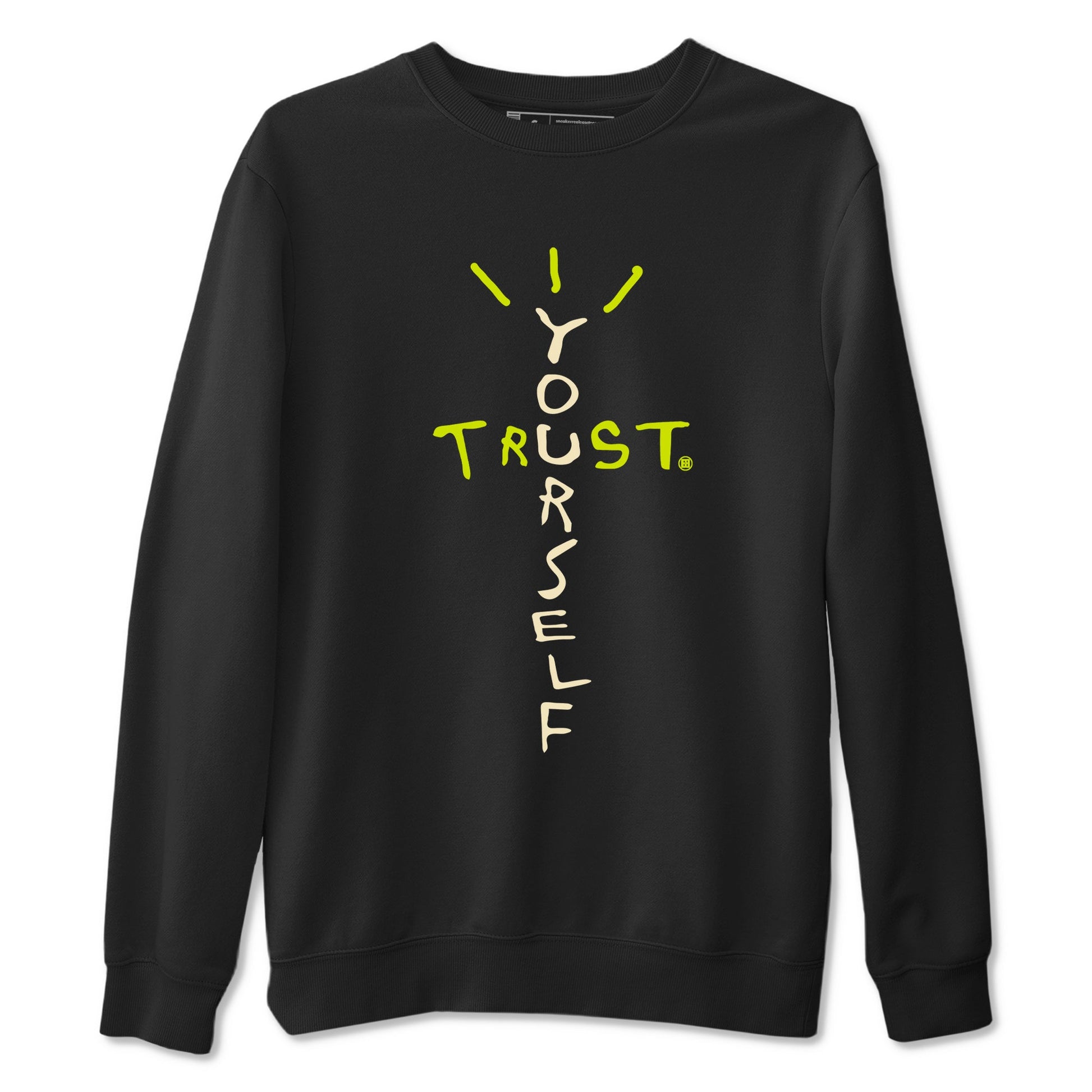 Trust Yourself sneaker match t-shirt styled to complete your fit with the Jordan Jumpman Jack Travis Scott Bright Cactus sneakers, shown in Black 2.