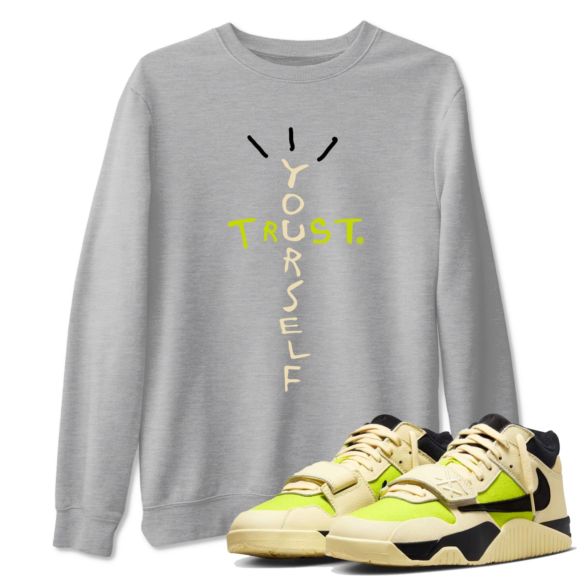 Trust Yourself sneaker match t-shirt styled to complete your fit with the Jordan Jumpman Jack Travis Scott Bright Cactus sneakers, shown in Heather Grey 1.