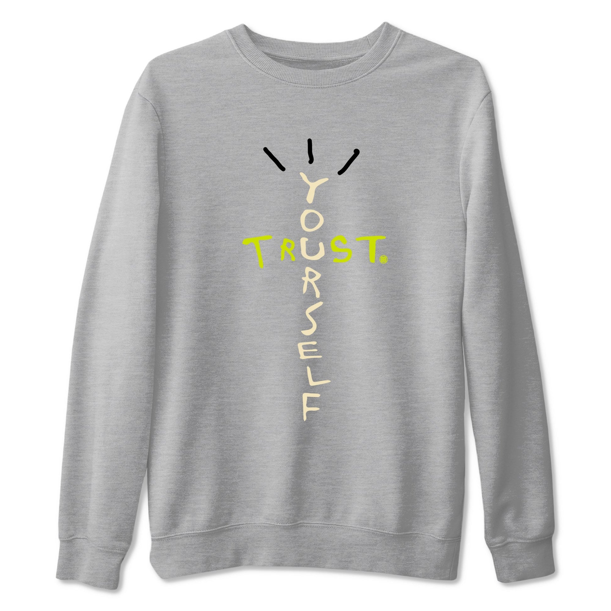 Trust Yourself sneaker match t-shirt styled to complete your fit with the Jordan Jumpman Jack Travis Scott Bright Cactus sneakers, shown in Heather Grey 2.