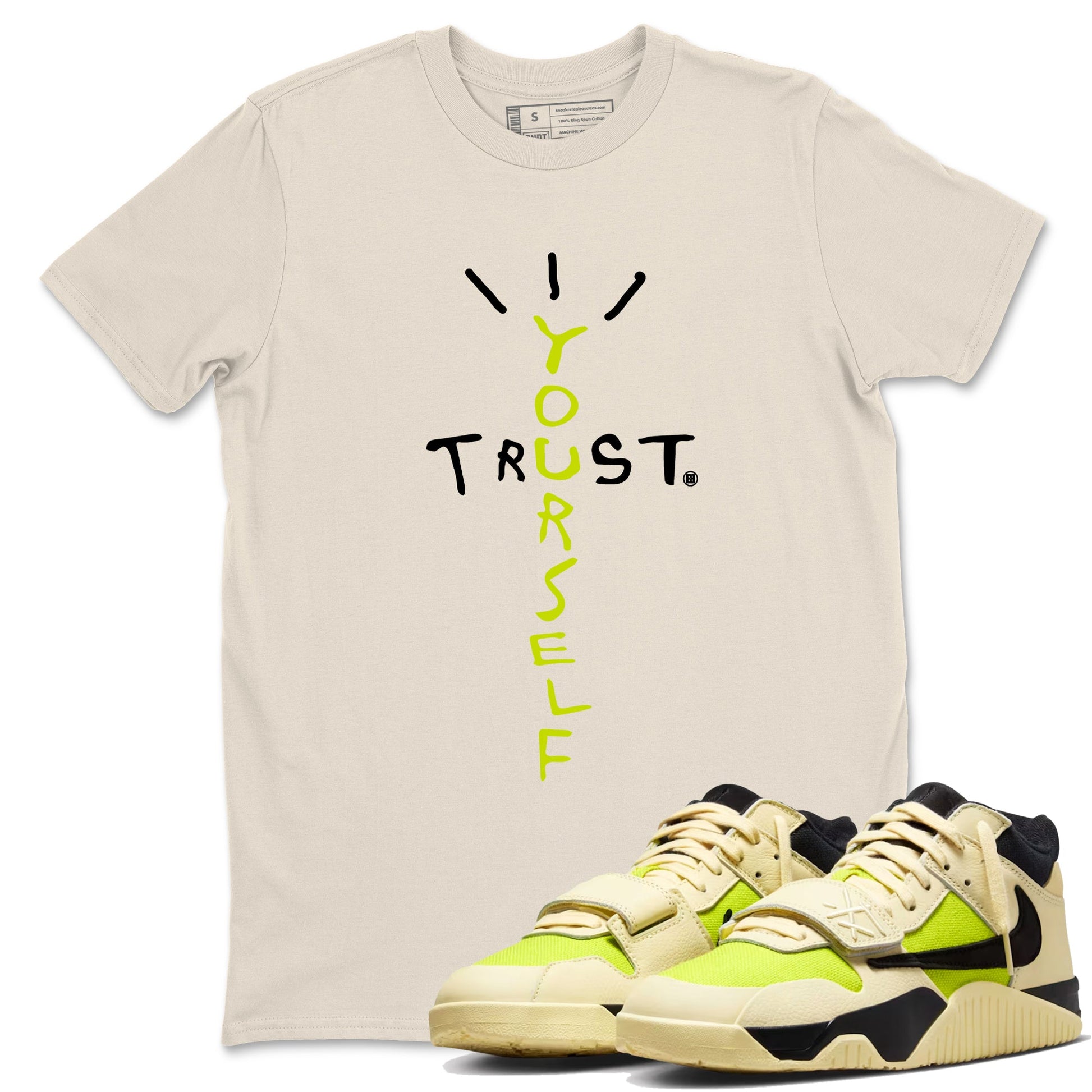 Trust Yourself sneaker match t-shirt styled to complete your fit with the Jordan Jumpman Jack Travis Scott Bright Cactus sneakers, shown in Natural 1.