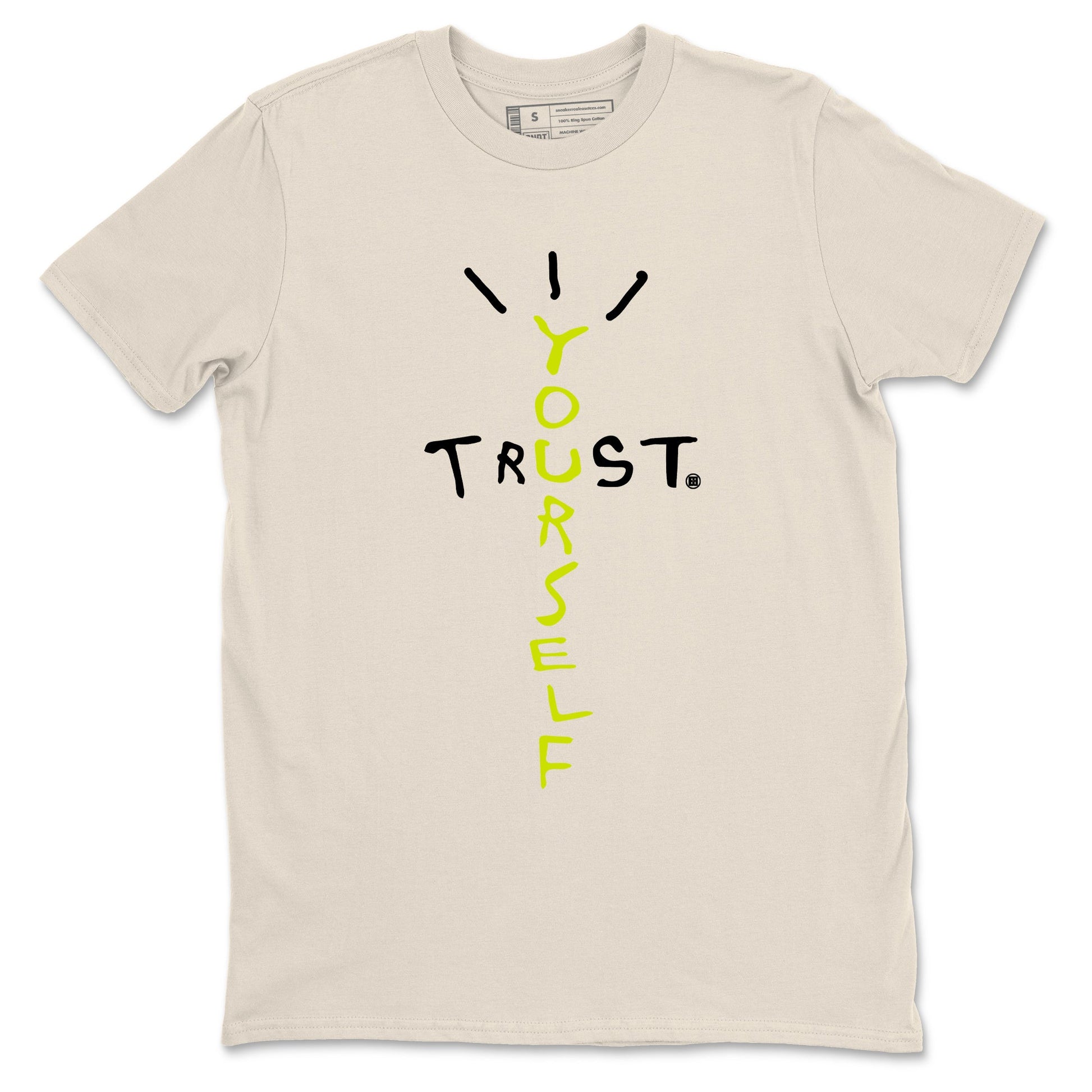 Trust Yourself sneaker match t-shirt styled to complete your fit with the Jordan Jumpman Jack Travis Scott Bright Cactus sneakers, shown in Natural 2.
