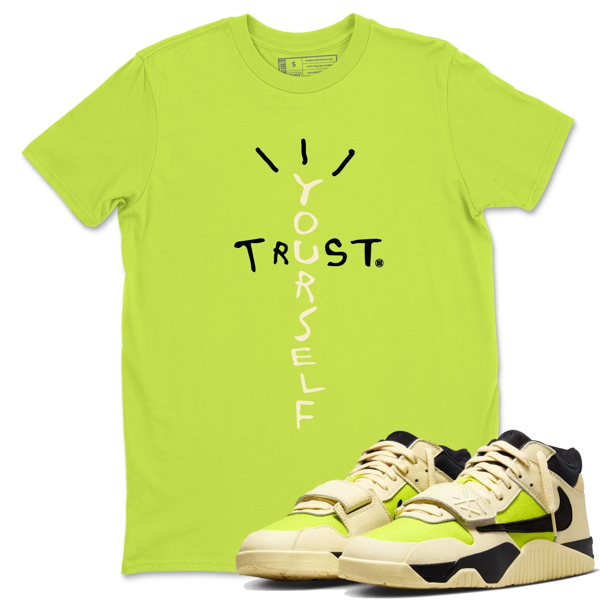 Trust Yourself sneaker match t-shirt styled to complete your fit with the Jordan Jumpman Jack Travis Scott Bright Cactus sneakers, shown in Safety Green 1.