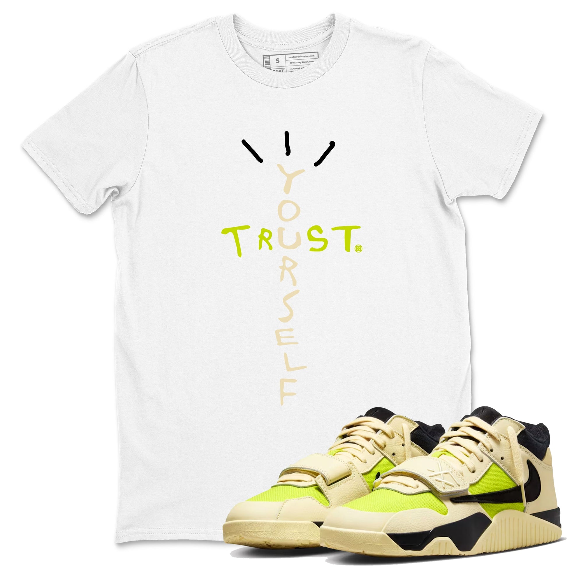Trust Yourself sneaker match t-shirt styled to complete your fit with the Jordan Jumpman Jack Travis Scott Bright Cactus sneakers, shown in White 1.