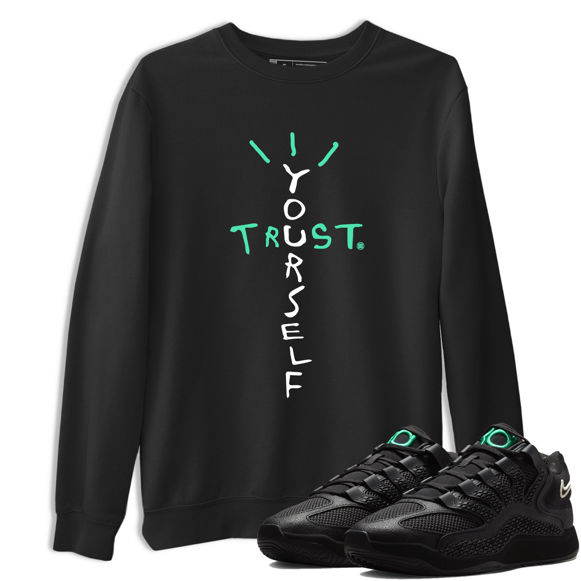 Sneaker Threads – Sneaker Tees To Match Nike KD 18 Black Label – Trust Yourself Graphic Tee Black 1. Perfect for Jordan releases 2025 colorways. Perfect for Kevin Durant basketball sneaker releases and all-black performance colorways for 2025 hoopers. 