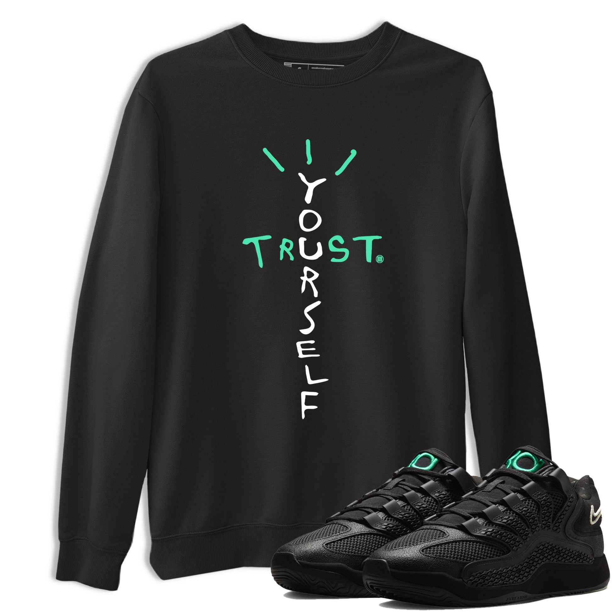 Sneaker Threads – Sneaker Tees To Match Nike KD 18 Black Label – Trust Yourself Graphic Tee Black 1. Perfect for Jordan releases 2025 colorways. Perfect for Kevin Durant basketball sneaker releases and all-black performance colorways for 2025 hoopers. 