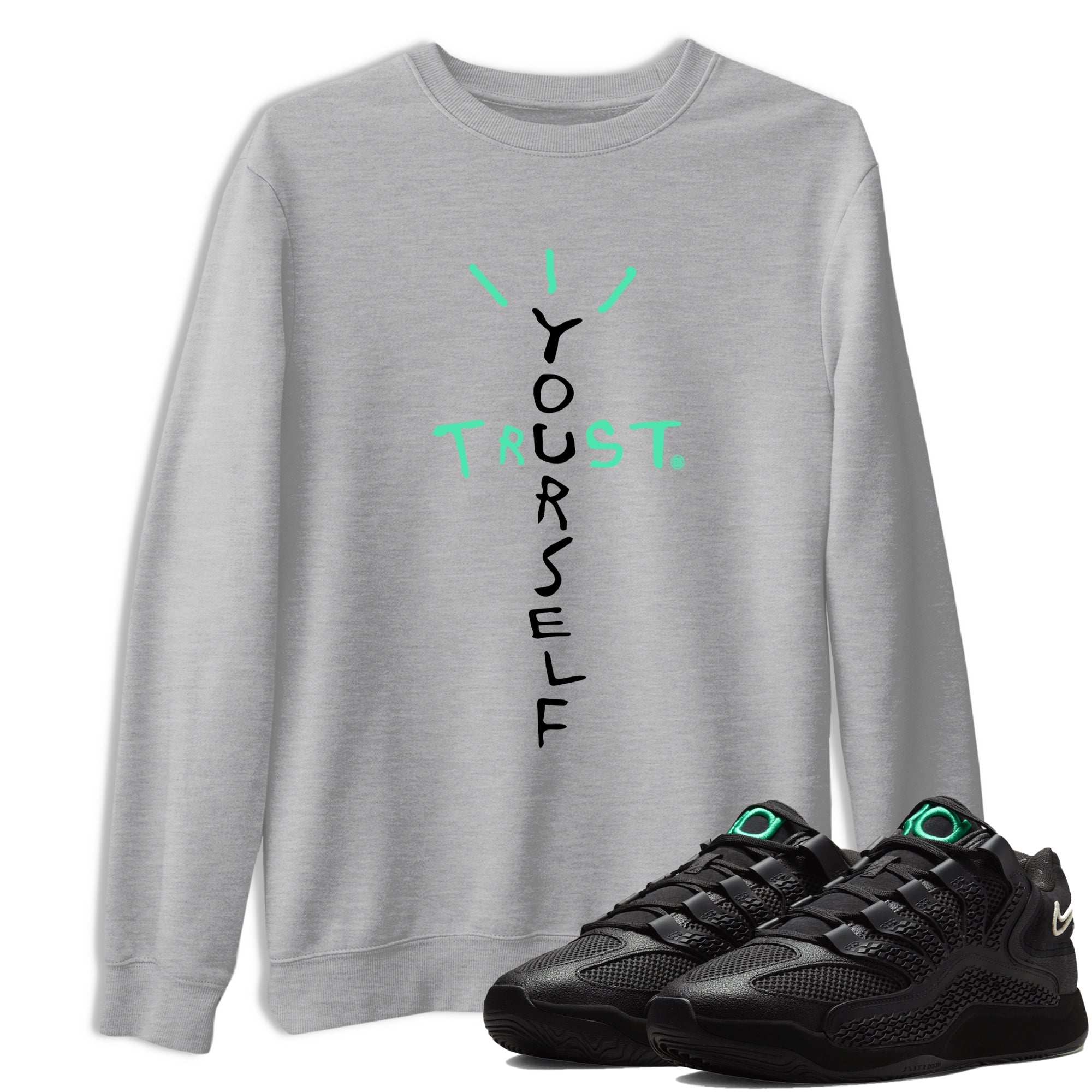 Sneaker Threads – Sneaker Tees To Match Nike KD 18 Black Label – Trust Yourself Graphic Tee Heather Grey 1. Perfect for Jordan releases 2025 colorways. Perfect for Kevin Durant basketball sneaker releases and all-black performance colorways for 2025 hoopers. 