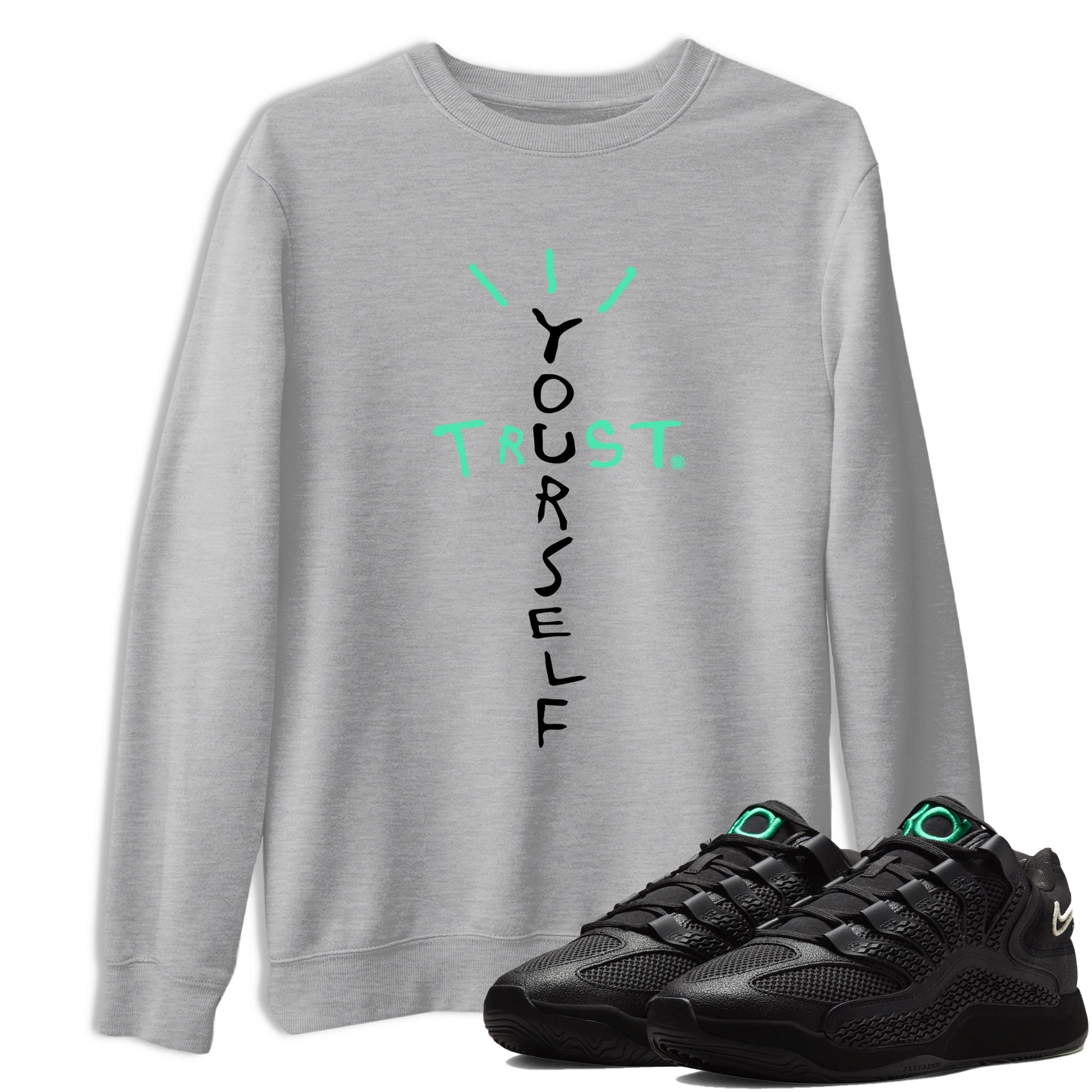 Sneaker Threads – Sneaker Tees To Match Nike KD 18 Black Label – Trust Yourself Graphic Tee Heather Grey 1. Perfect for Jordan releases 2025 colorways. Perfect for Kevin Durant basketball sneaker releases and all-black performance colorways for 2025 hoopers. 