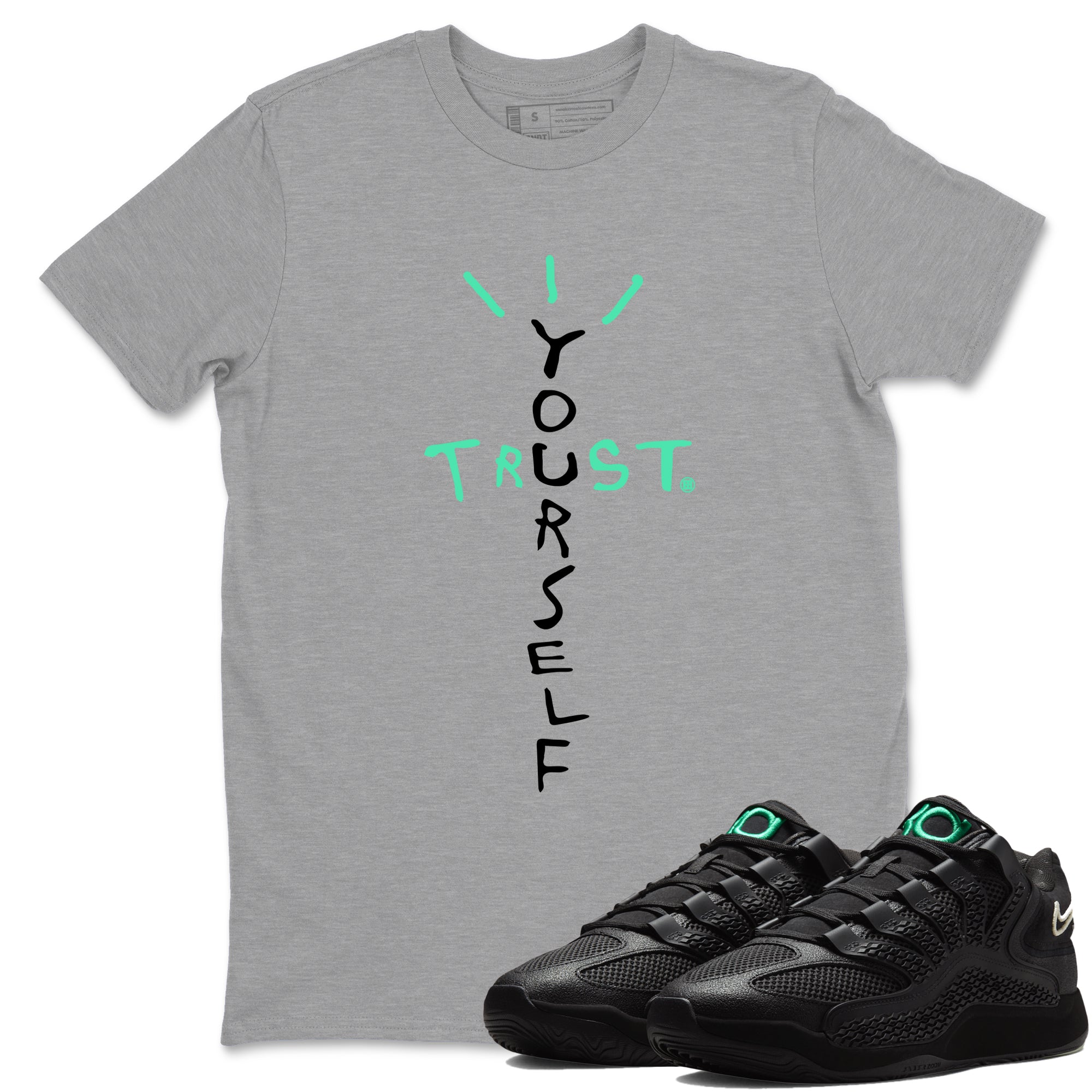 Sneaker Threads – Sneaker Tees To Match Nike KD 18 Black Label – Trust Yourself Graphic Tee Heather Grey 1. Perfect for Jordan releases 2025 colorways. Perfect for Kevin Durant basketball sneaker releases and all-black performance colorways for 2025 hoopers. 
