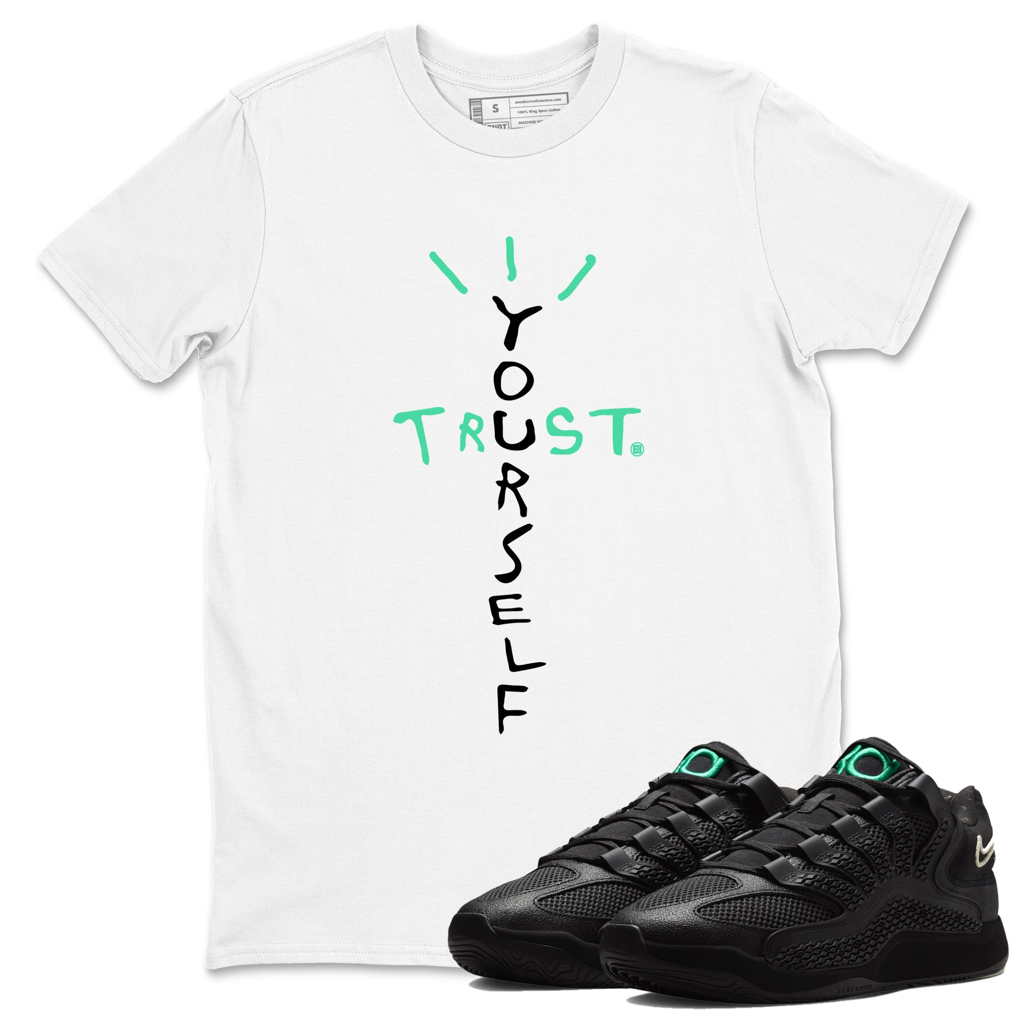 Sneaker Threads – Sneaker Tees To Match Nike KD 18 Black Label – Trust Yourself Graphic Tee White 1. Perfect for Jordan releases 2025 colorways. Perfect for Kevin Durant basketball sneaker releases and all-black performance colorways for 2025 hoopers. 