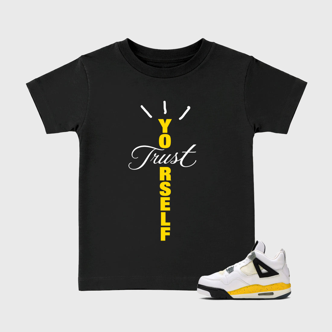 Trust Yourself Type Baby & Kids Graphic T-Shirt featuring original artwork designed to match the Air Jordan 4 Tour Yellow. Black 1 Kids Graphic Tee.