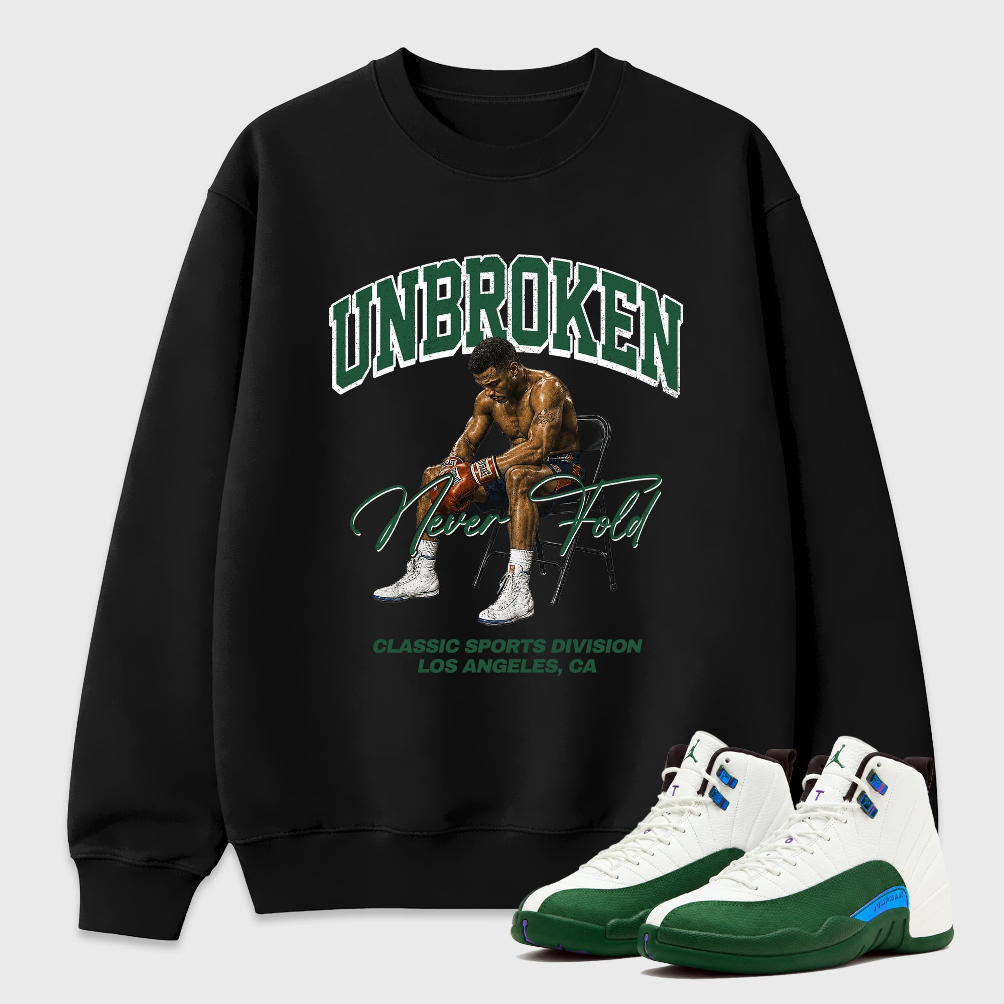 Unbroken Graphic T-Shirt featuring original streetwear artwork designed to match the Air Jordan 12 Summit Green. Black 1 Graphic Tee.