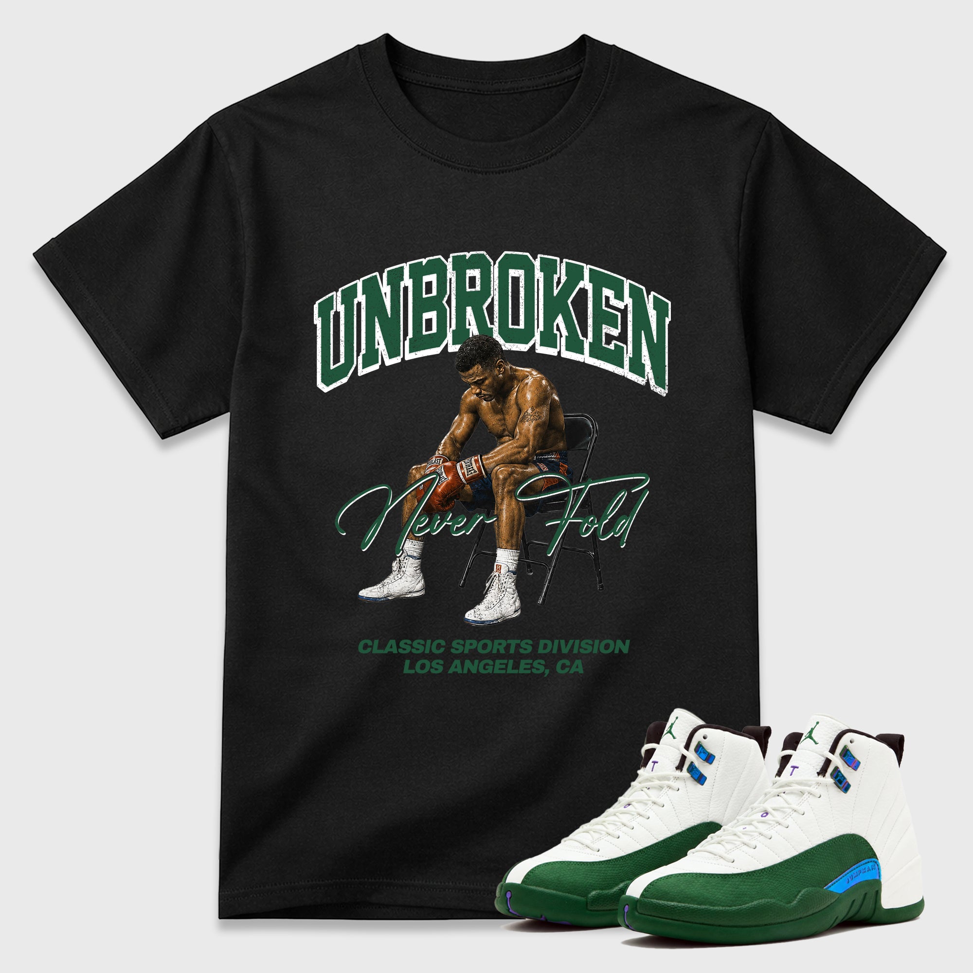 Unbroken Graphic T-Shirt featuring original streetwear artwork designed to match the Air Jordan 12 Summit Green. Black 1 Graphic T-Shirt.