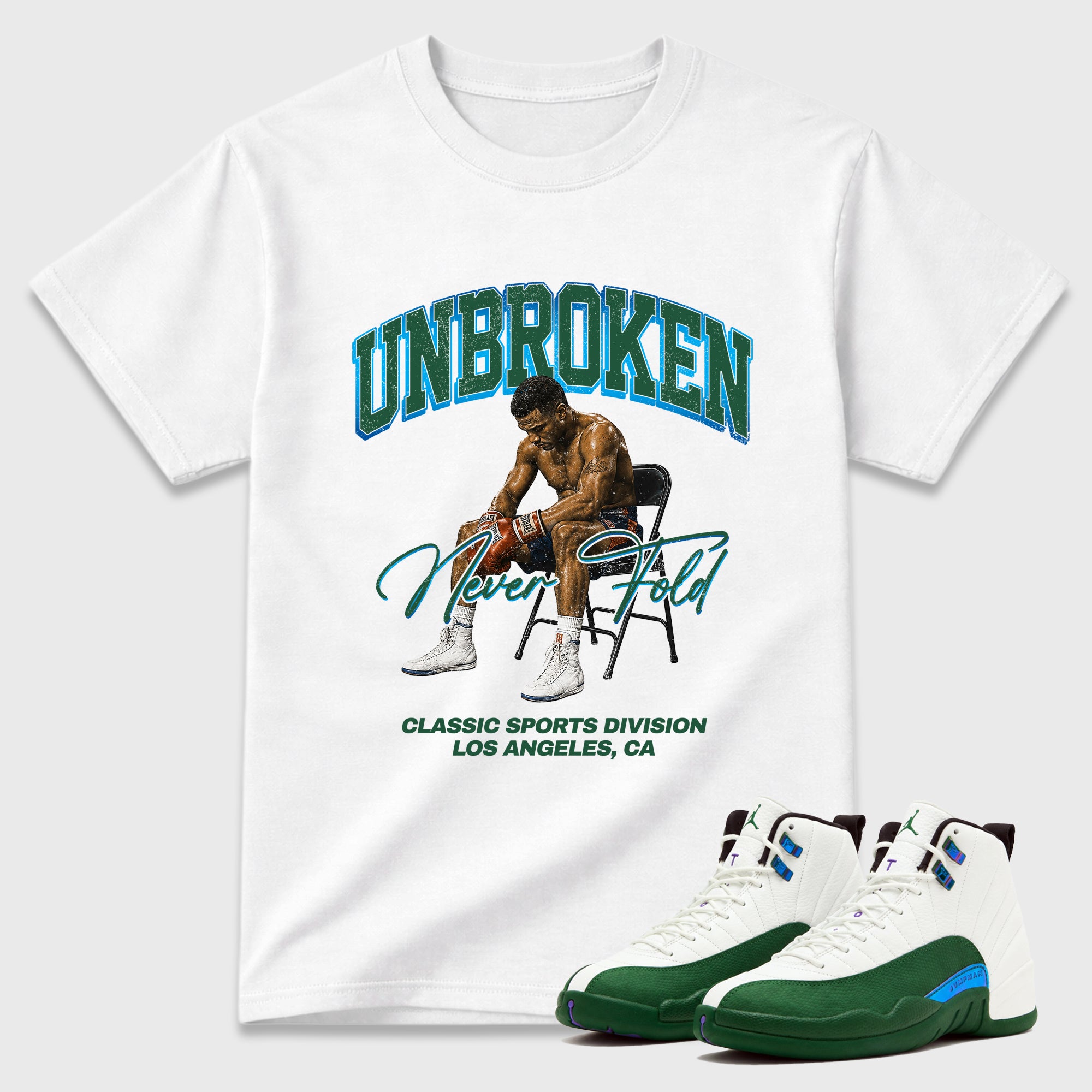 Unbroken Graphic T-Shirt featuring original streetwear artwork designed to match the Air Jordan 12 Summit Green. White 1 Graphic T-Shirt.
