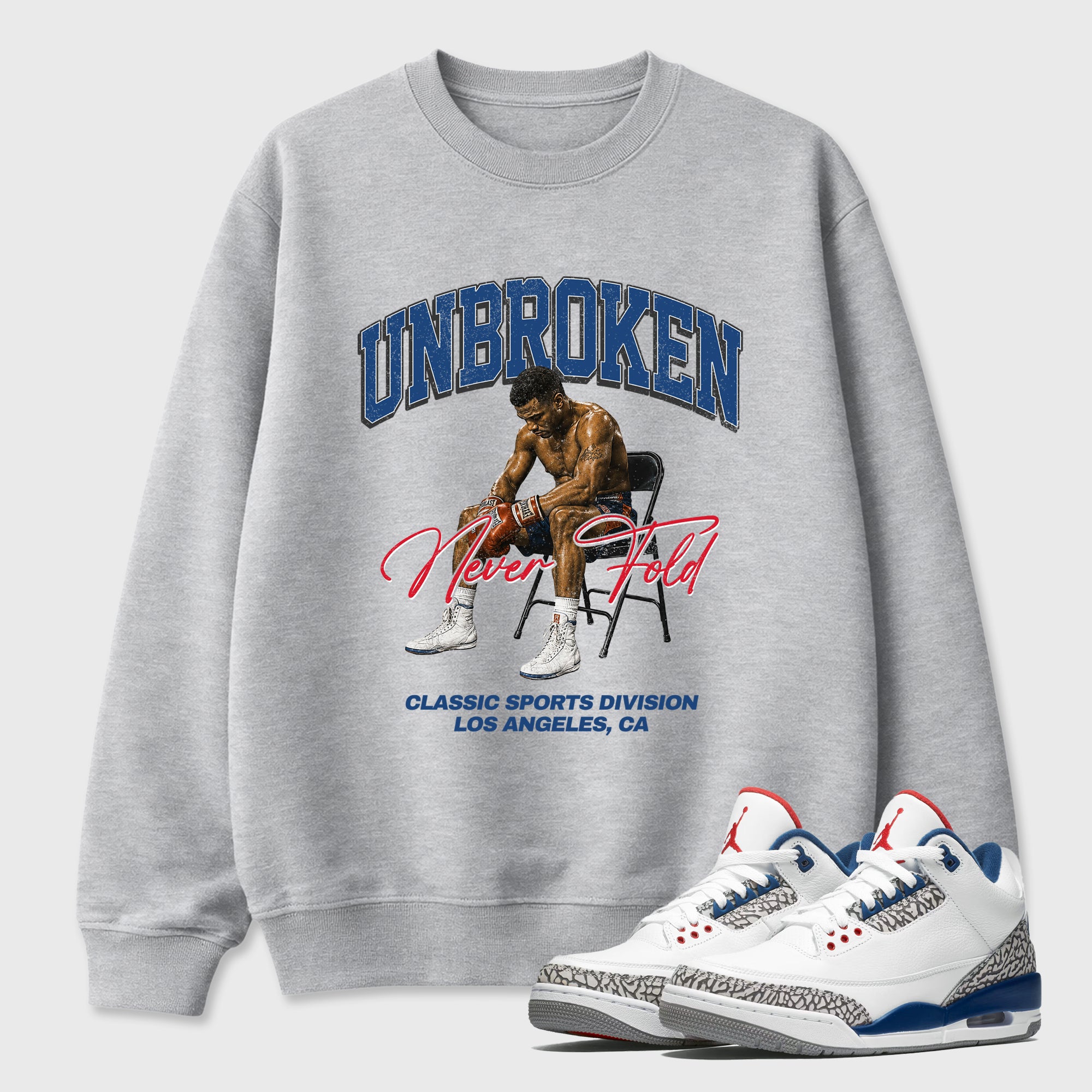 Unbroken Graphic T-Shirt featuring original streetwear artwork designed to match the Air Jordan 3 True Blue. Heather Grey 1 Graphic Tee.