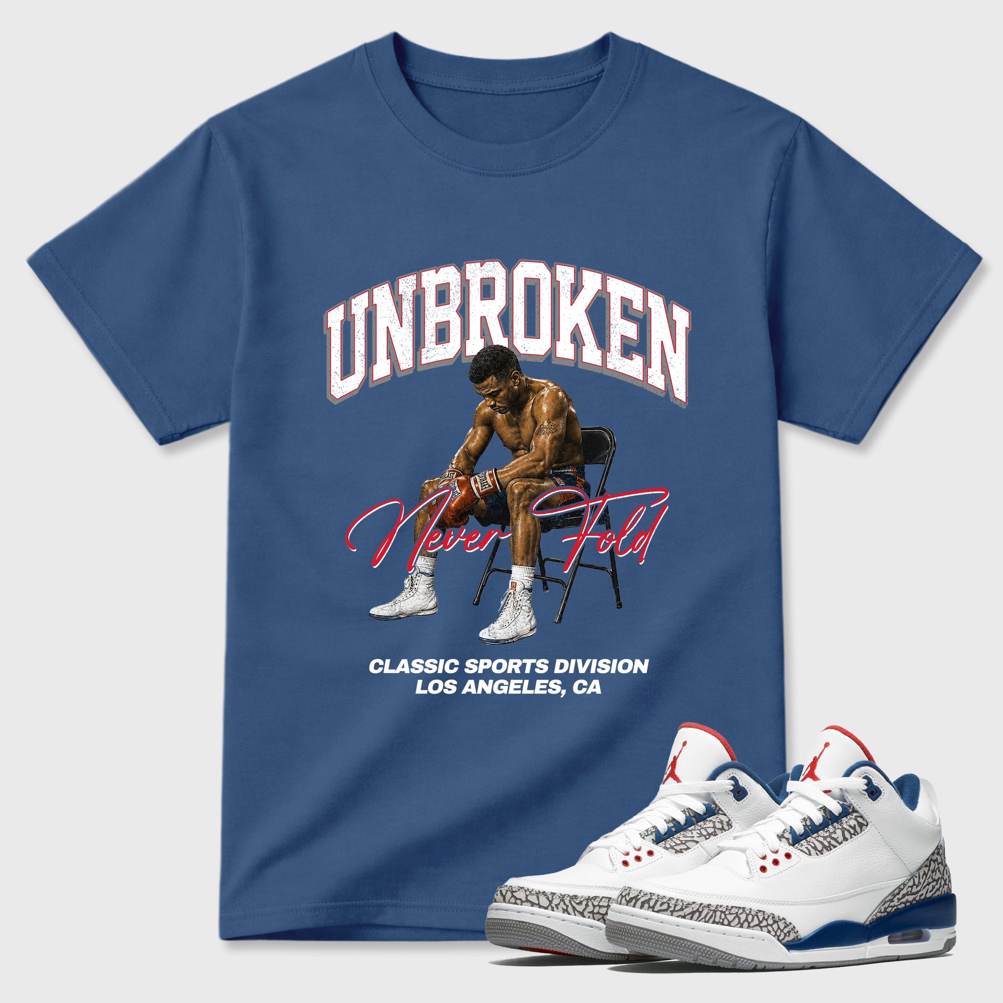 Unbroken Graphic T-Shirt featuring original streetwear artwork designed to match the Air Jordan 3 True Blue. Denim Blue 1 Graphic T-Shirt.