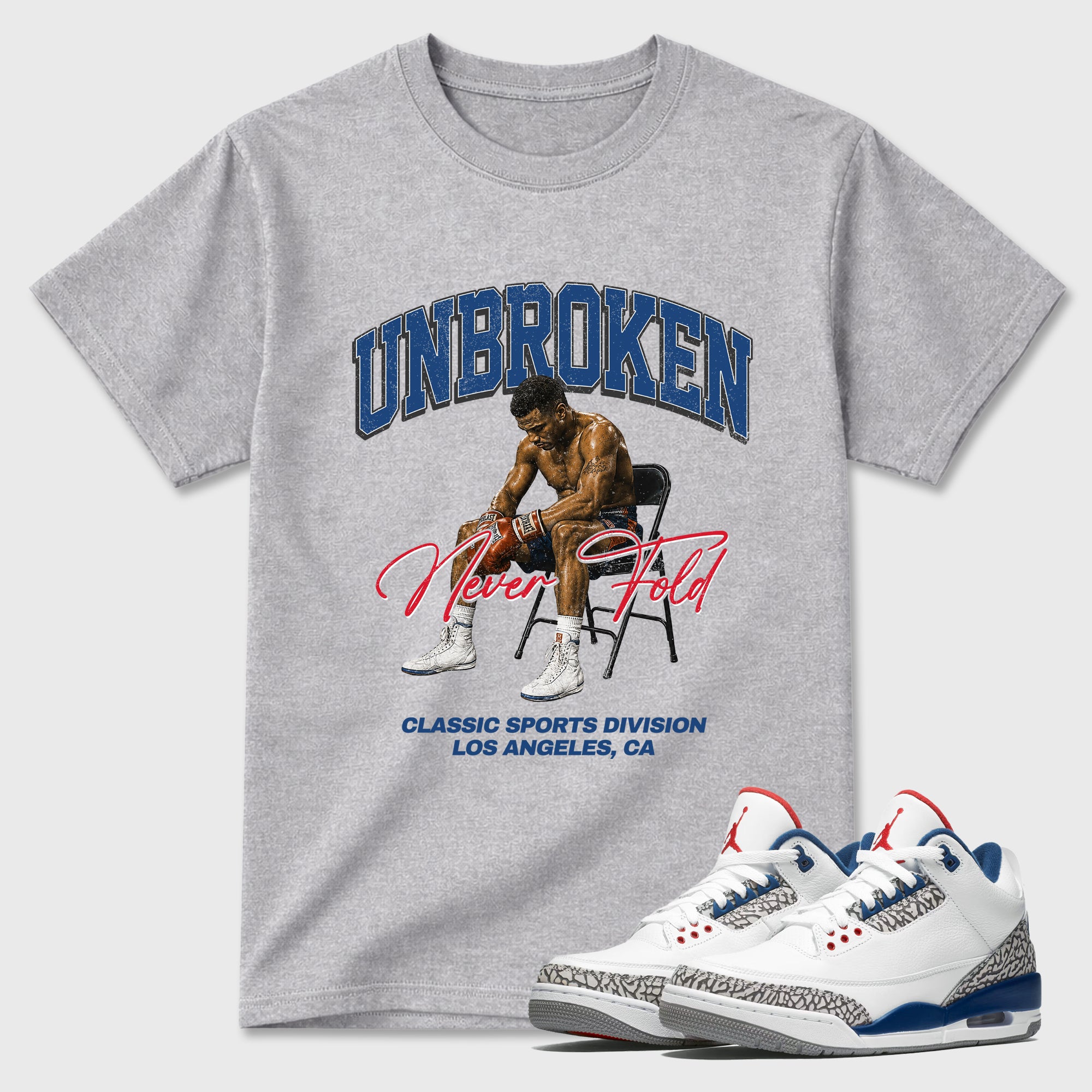 Unbroken Graphic T-Shirt featuring original streetwear artwork designed to match the Air Jordan 3 True Blue. Heather Grey 1 Graphic T-Shirt.