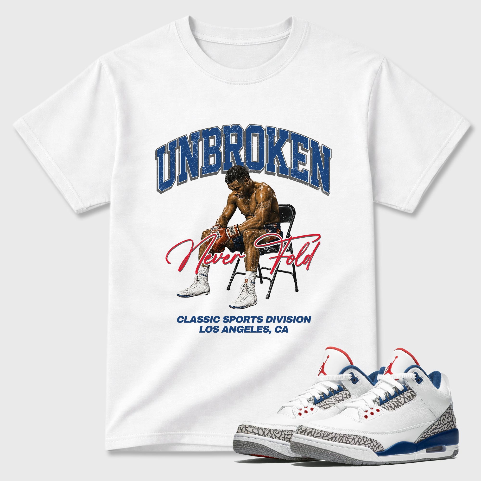 Unbroken Graphic T-Shirt featuring original streetwear artwork designed to match the Air Jordan 3 True Blue. White 1 Graphic T-Shirt.