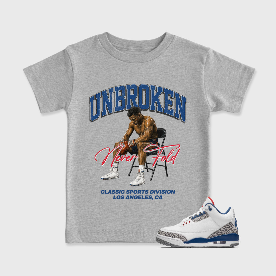 Unbroken Baby & Kids Graphic T-Shirt featuring original artwork designed to match the Air Jordan 3 True Blue. Heather Grey 1 Kids Graphic Tee.