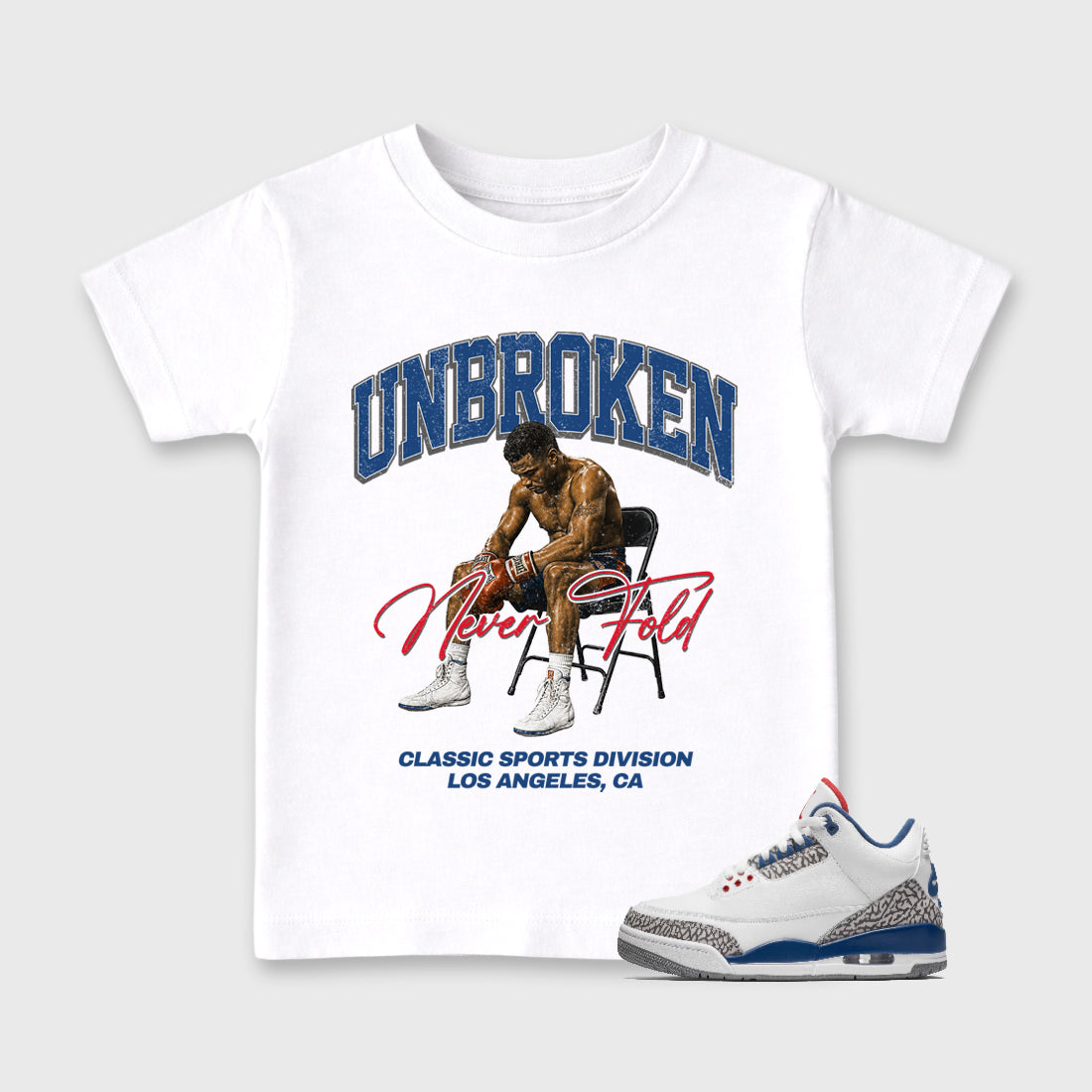 Unbroken Baby & Kids Graphic T-Shirt featuring original artwork designed to match the Air Jordan 3 True Blue. White 1 Kids Graphic Tee.