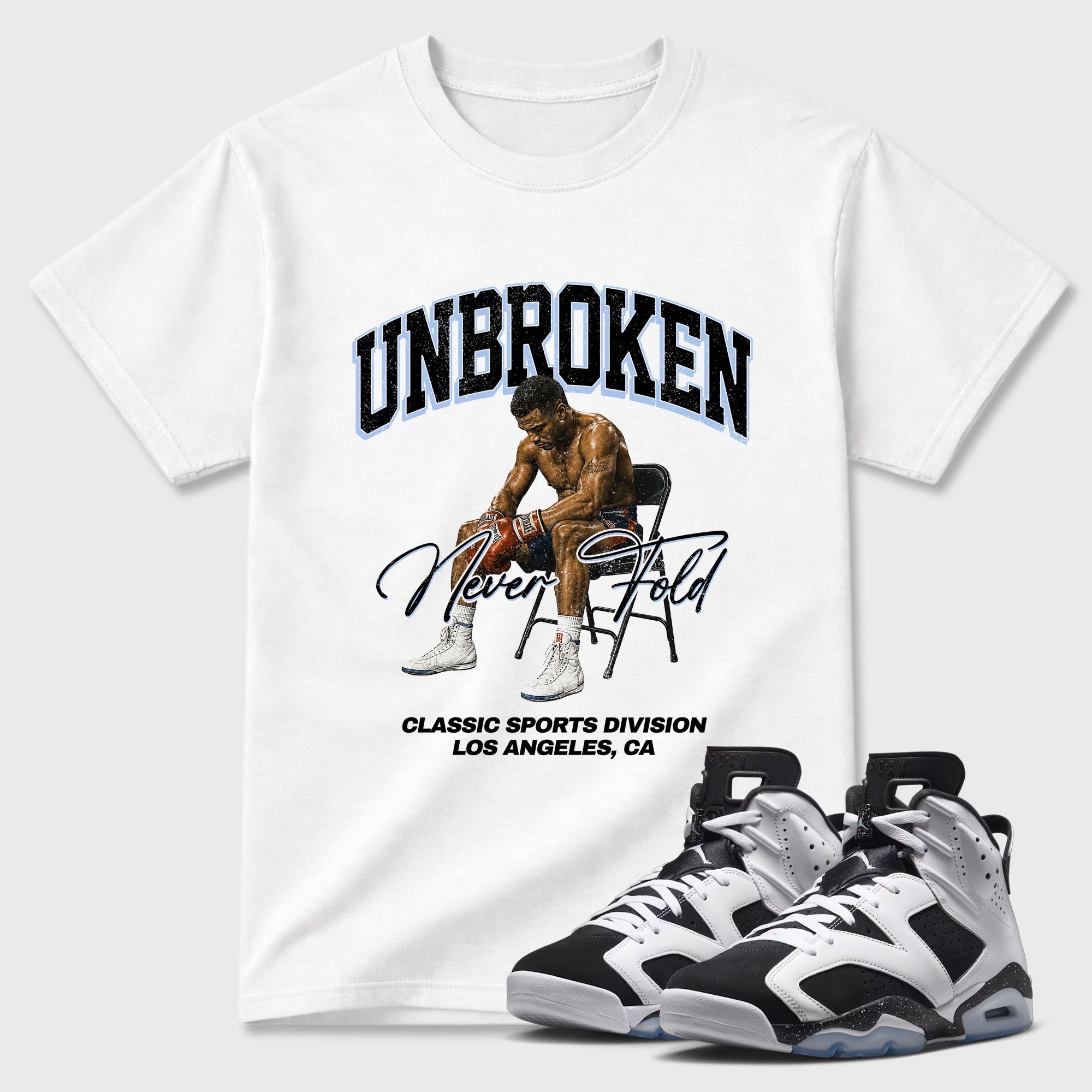 Unbroken Graphic T-Shirt featuring original streetwear artwork designed to match the Air Jordan 6 Black and White. White 1 Graphic T-Shirt.