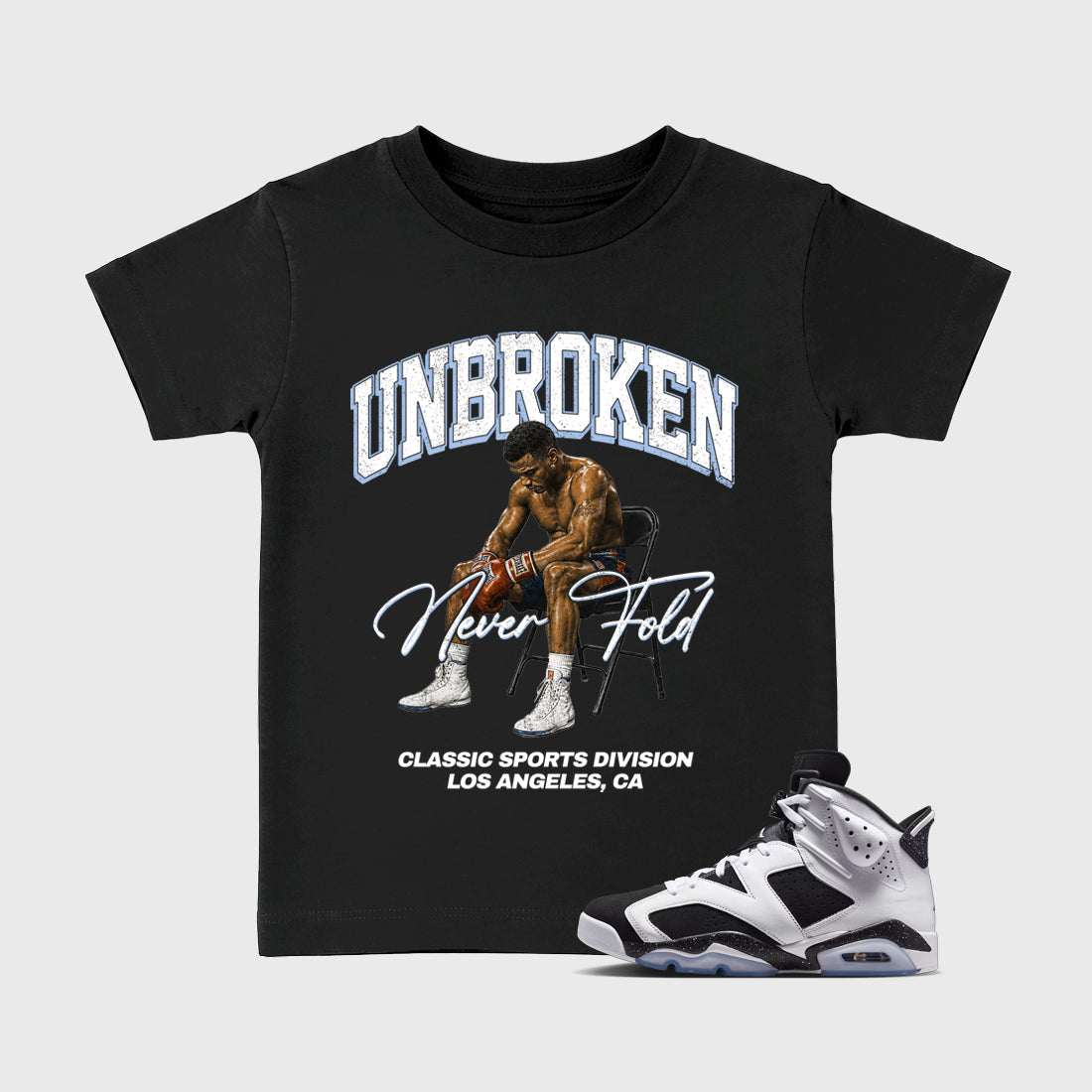Unbroken Baby & Kids Graphic T-Shirt featuring original artwork designed to match the Air Jordan 6 Black and White. Black 1 Kids Graphic Tee.